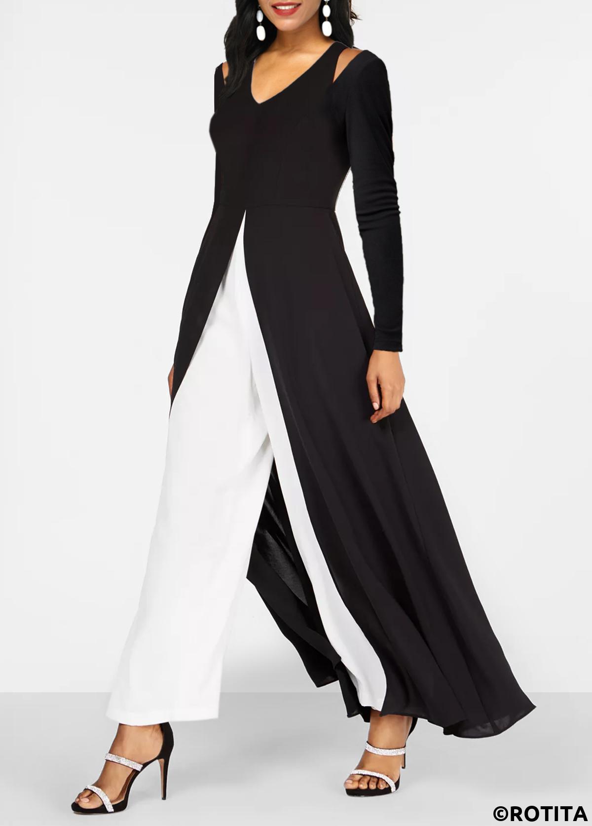 Black jumpsuits&rompers,Contrast Color jumpsuits&rompers,ROTITA Black Long Sleeve Contrast V Neck Jumpsuit