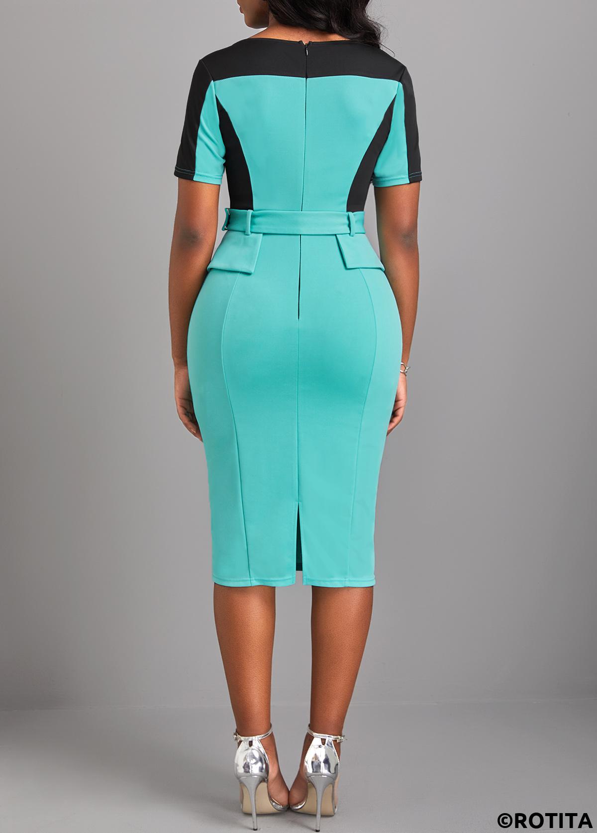 Cyan dresses,Contrast Color dresses,Party dresses,Elegant dresses,ROTITA Split Cyan Belted Short Sleeve Bodycon Dress
