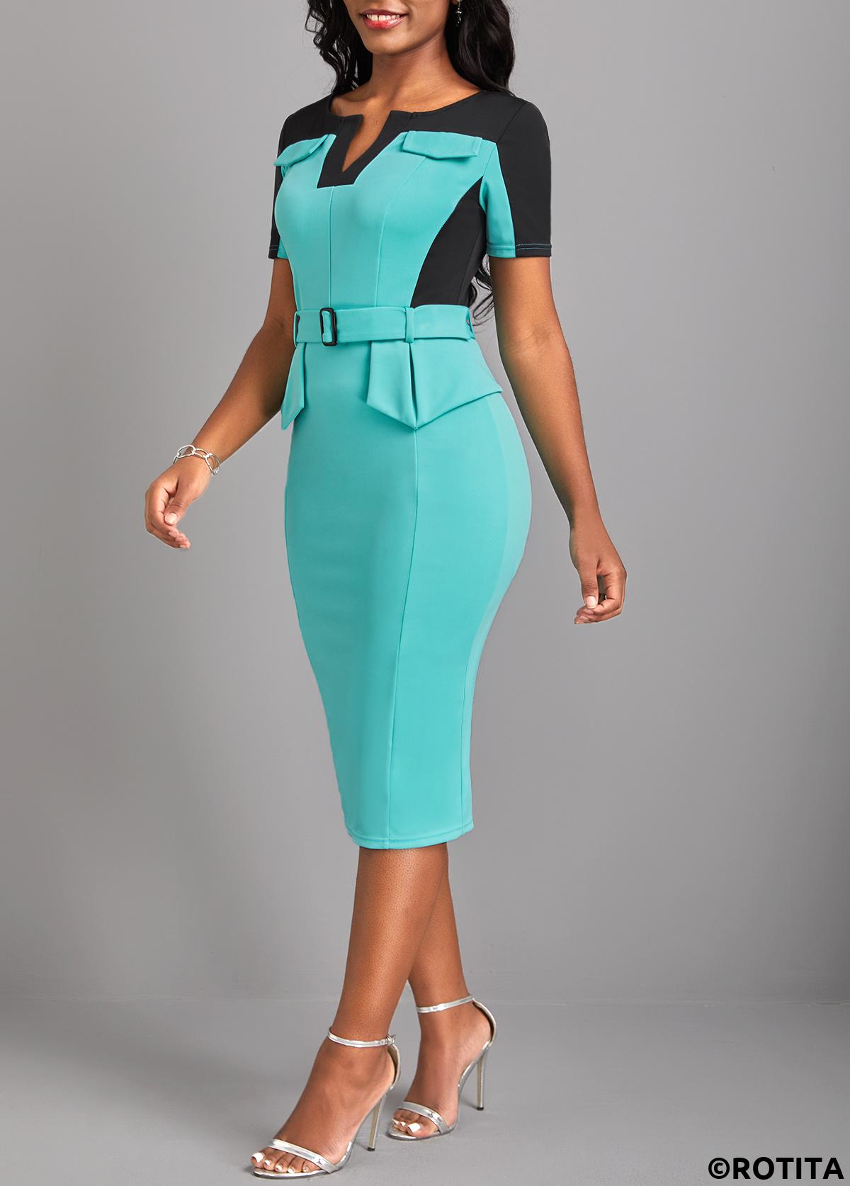 Cyan dresses,Contrast Color dresses,Party dresses,Elegant dresses,ROTITA Split Cyan Belted Short Sleeve Bodycon Dress