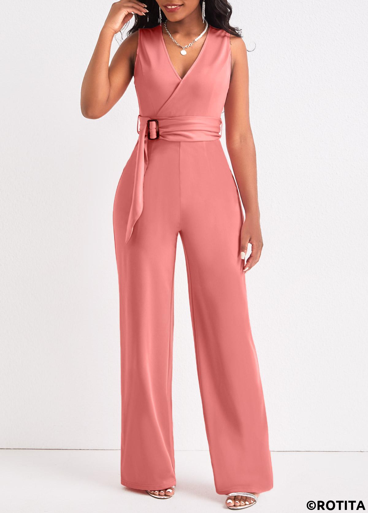 ROTITA Tie Dusty Pink Belted Long V Neck Jumpsuit Rotita USD 36.98