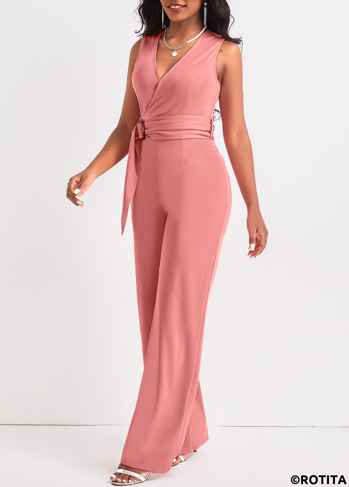 Dusty Pink jumpsuits&rompers,Plain Color jumpsuits&rompers,ROTITA Tie Dusty Pink Belted Long V Neck Jumpsuit