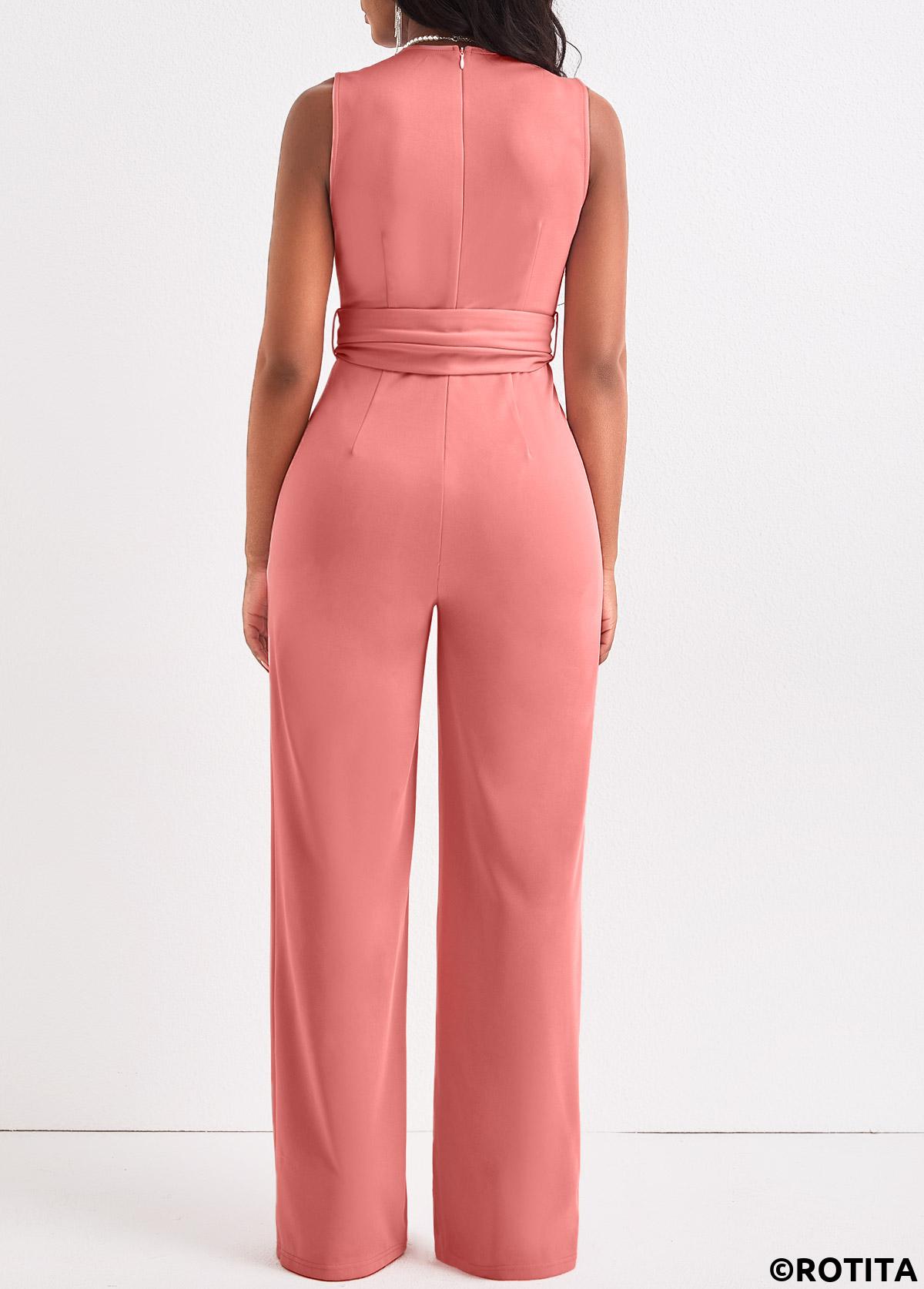 Dusty Pink jumpsuits&rompers,Plain Color jumpsuits&rompers,ROTITA Tie Dusty Pink Belted Long V Neck Jumpsuit