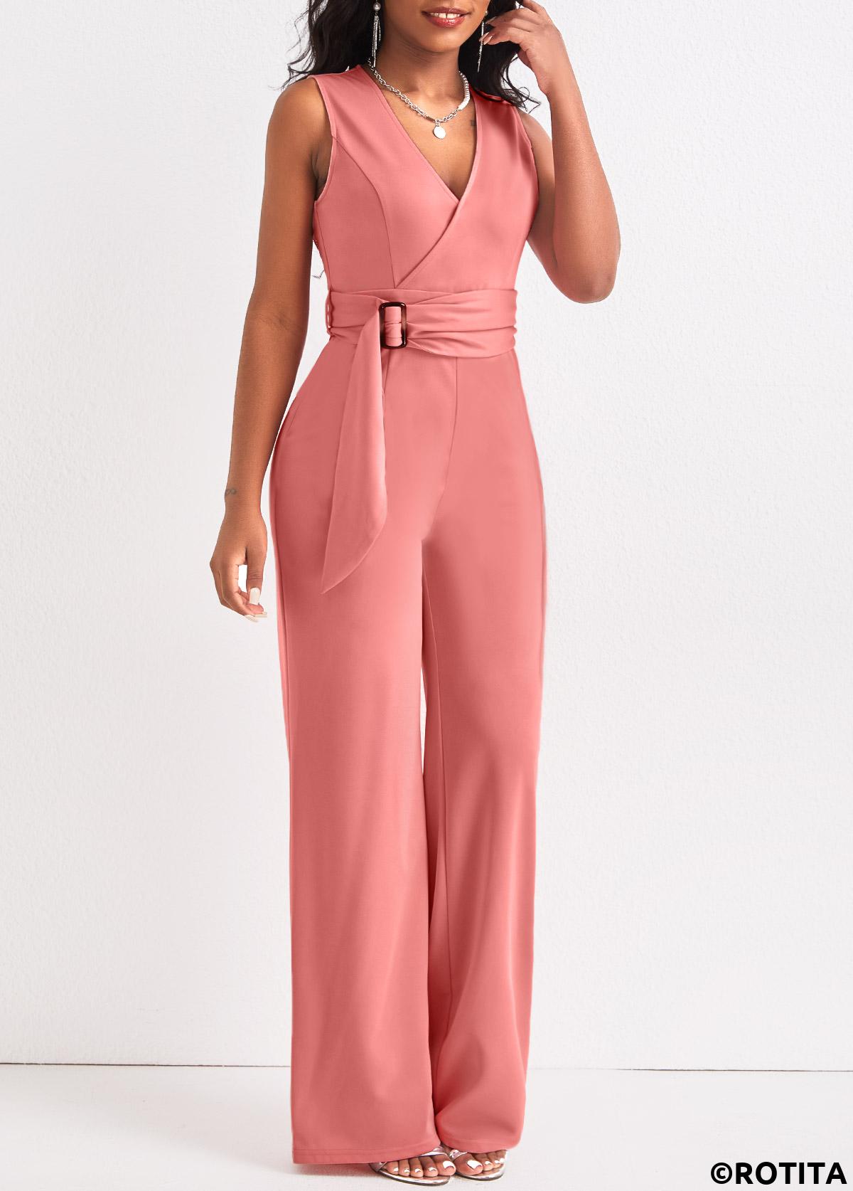 Dusty Pink jumpsuits&rompers,Plain Color jumpsuits&rompers,ROTITA Tie Dusty Pink Belted Long V Neck Jumpsuit