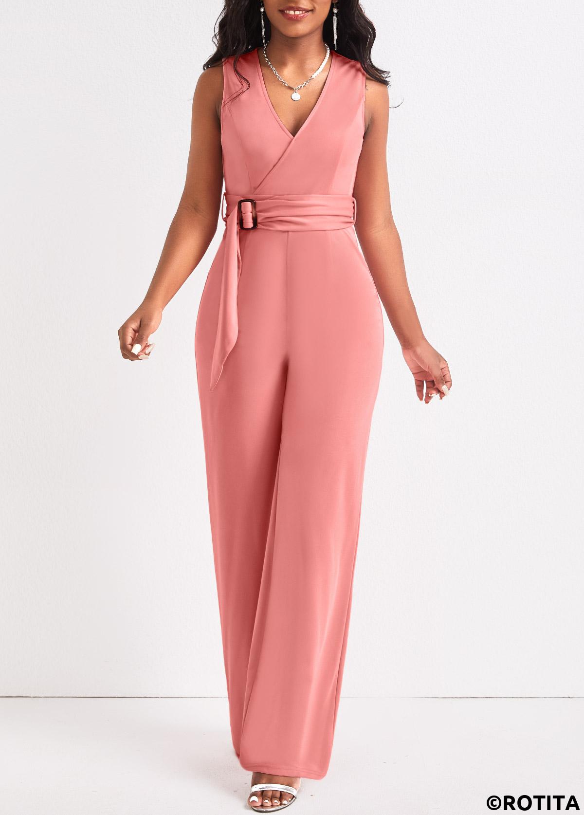 Dusty Pink jumpsuits&rompers,Plain Color jumpsuits&rompers,ROTITA Tie Dusty Pink Belted Long V Neck Jumpsuit
