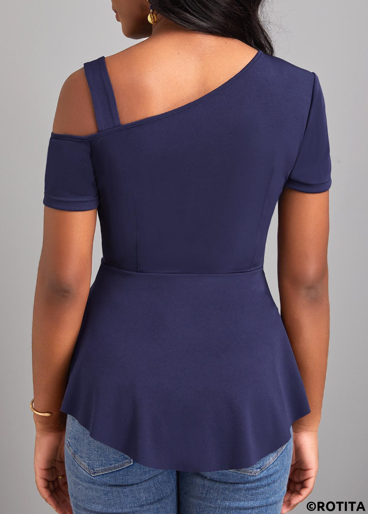 Navy tops,Plain Color tops,ROTITA Asymmetry Short Sleeve Navy Cold Shoulder Blouse