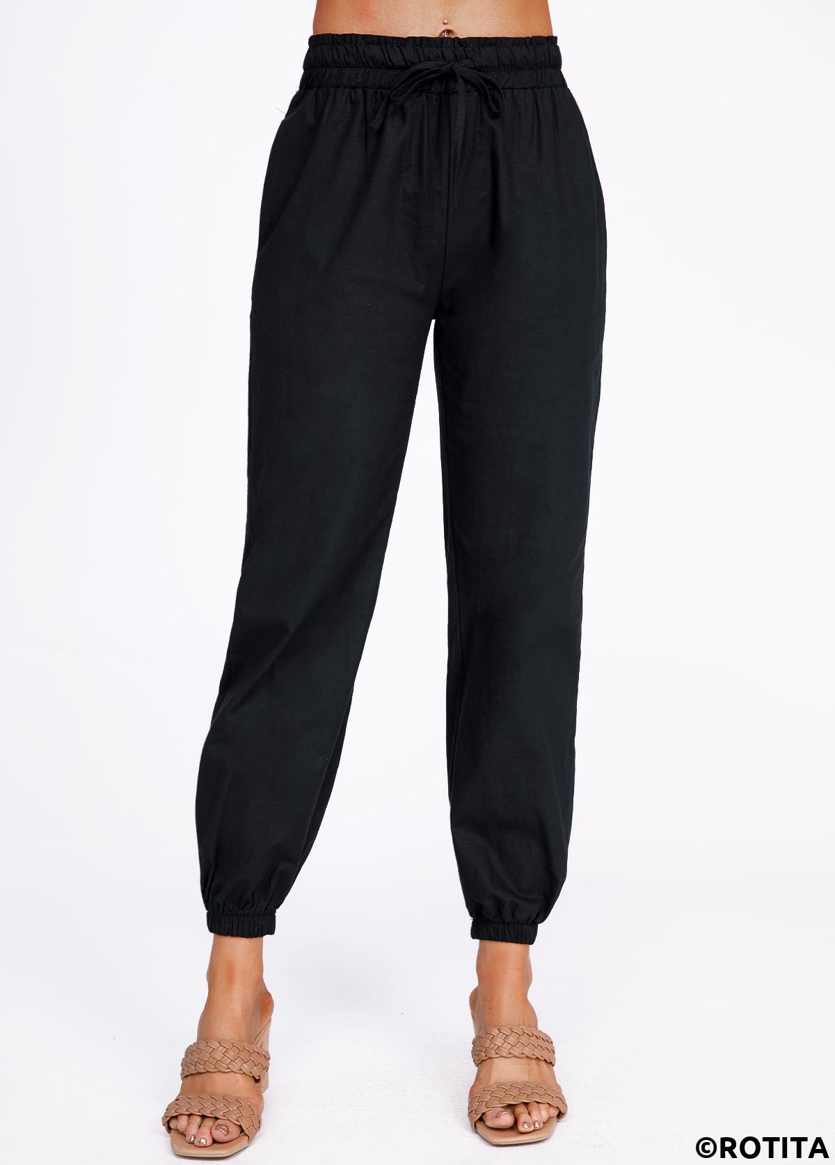 Black bottoms,Plain Color bottoms,Drawstring Black Belted High Waisted Pants