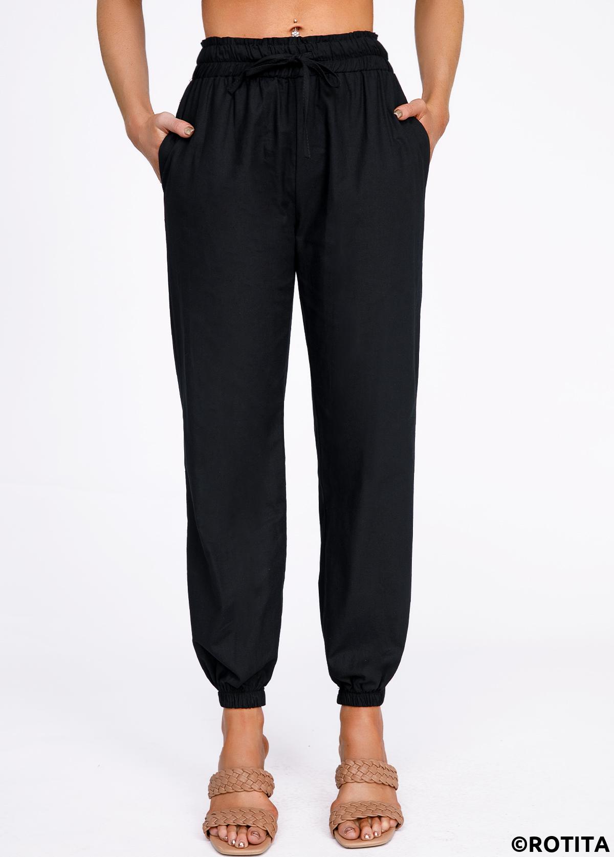 Black bottoms,Plain Color bottoms,Drawstring Black Belted High Waisted Pants