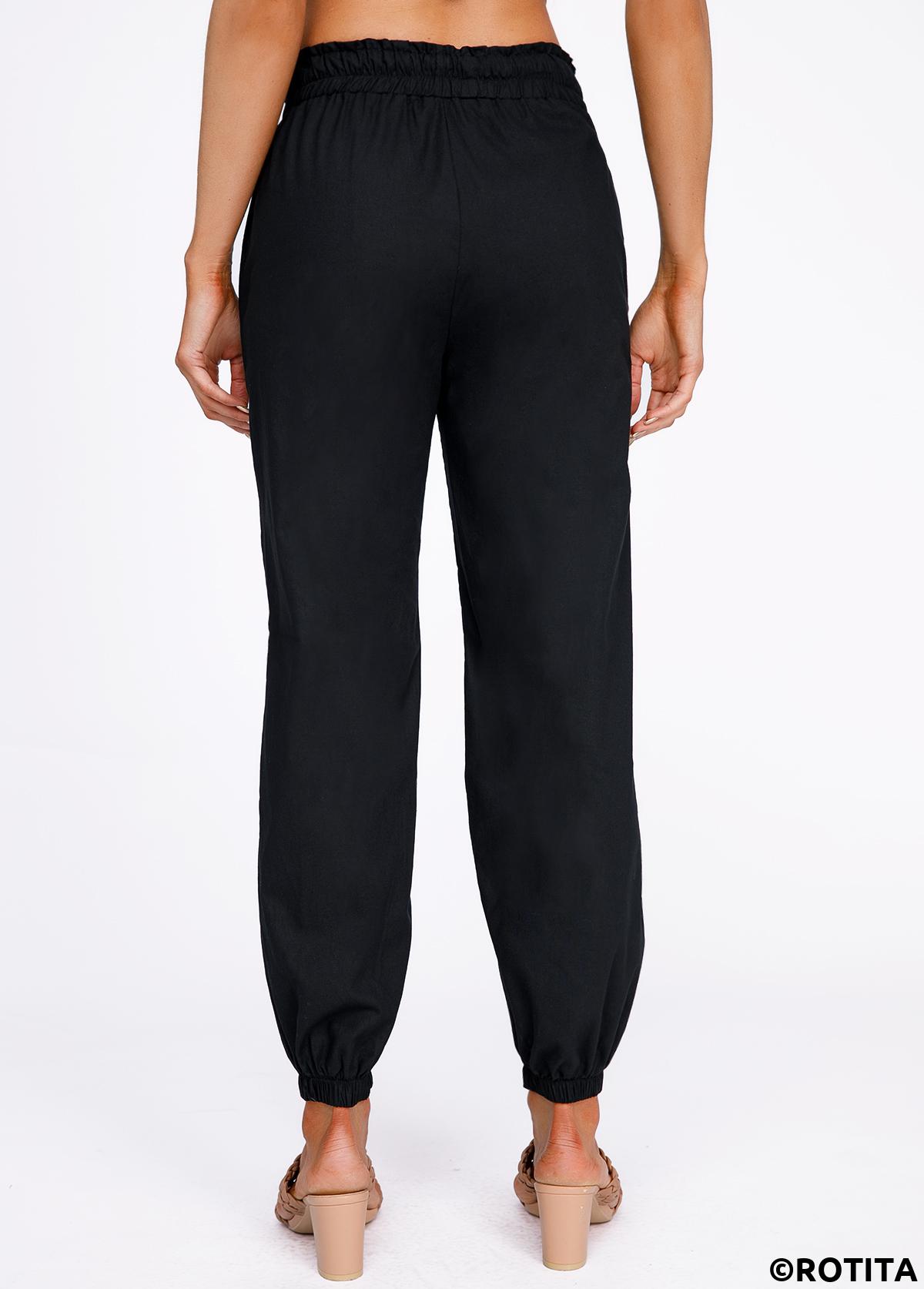 Black bottoms,Plain Color bottoms,Drawstring Black Belted High Waisted Pants
