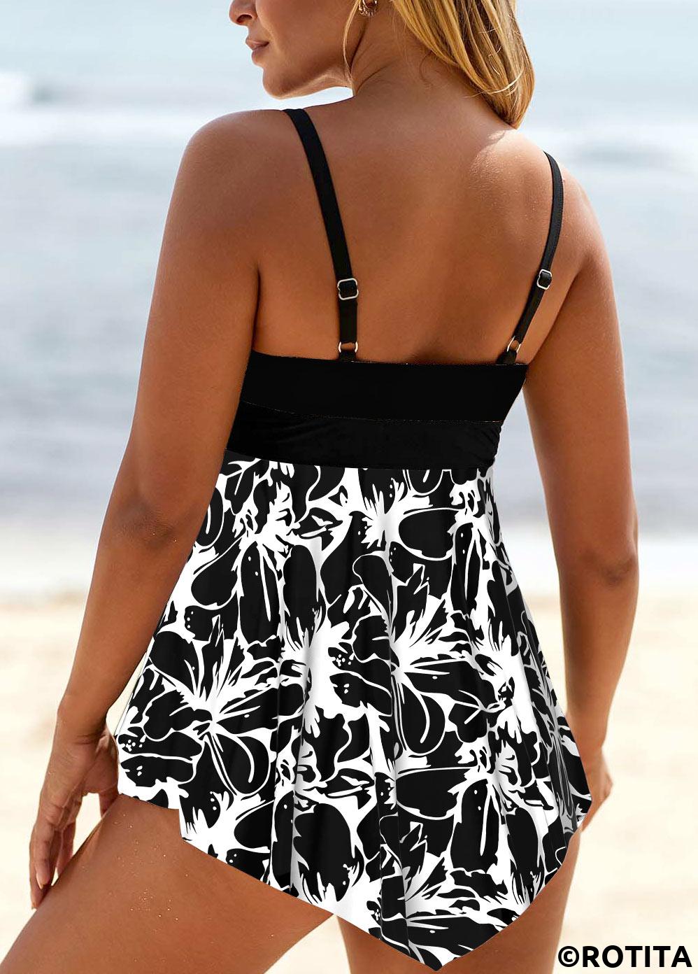 Black swimwear,Floral swimwear,ROTITA Lace Up Black Floral Print Swimdress Top