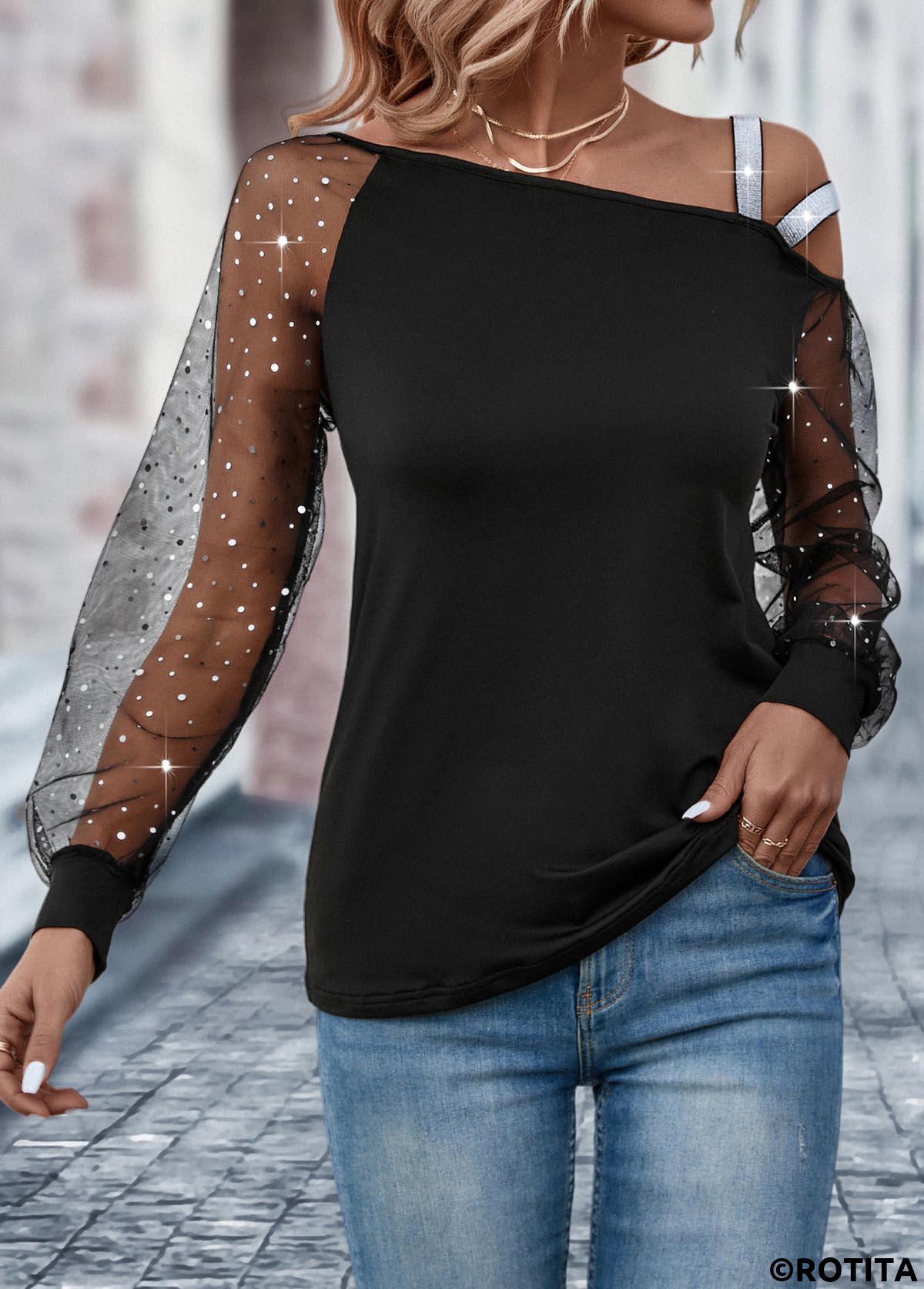 Patchwork Black Asymmetrical Neck Long Sleeve T Shirt
