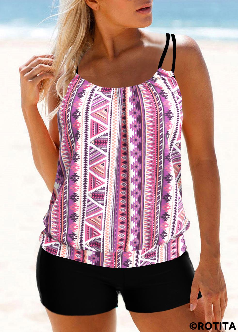 Light Pink swimwear,Geometric swimwear,Tribal swimwear,ROTITA Light Pink Geometric Print Tankini Top