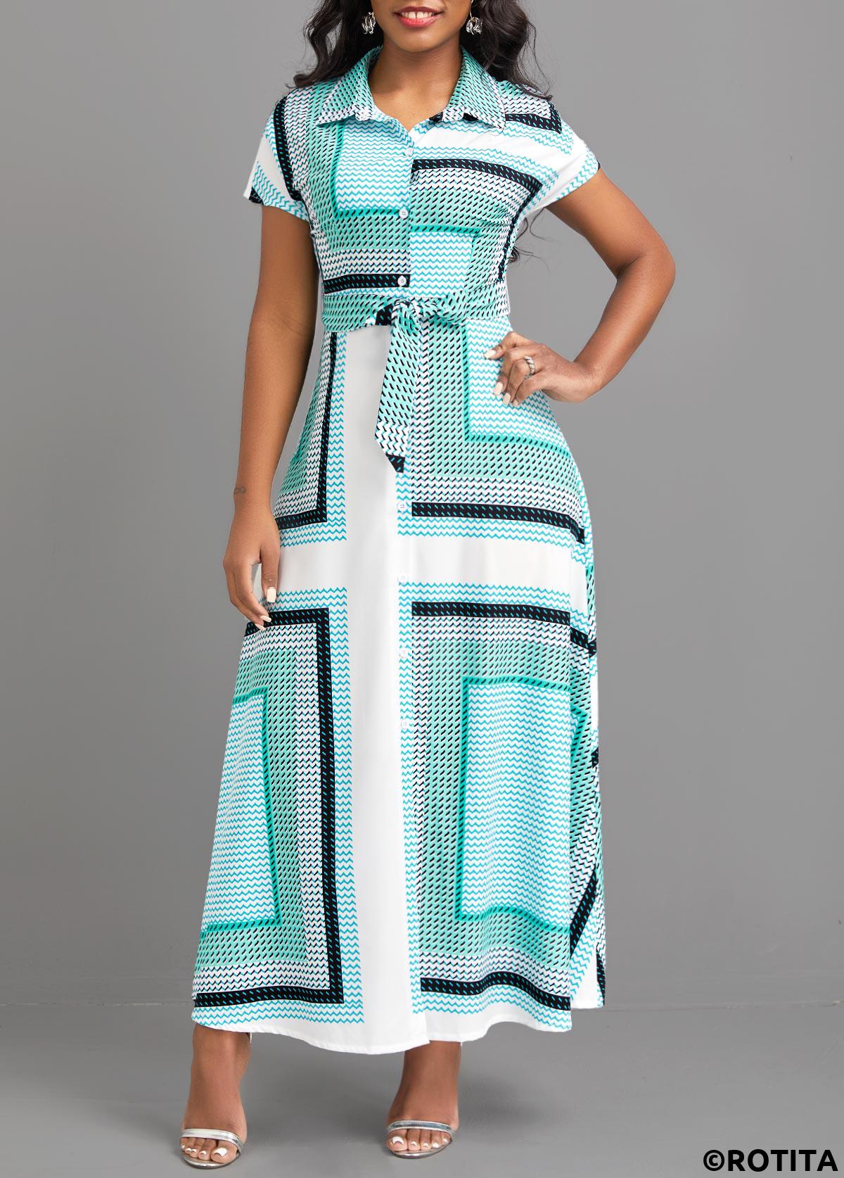 ROTITA Button Geometric Print Cyan Belted Maxi Dress