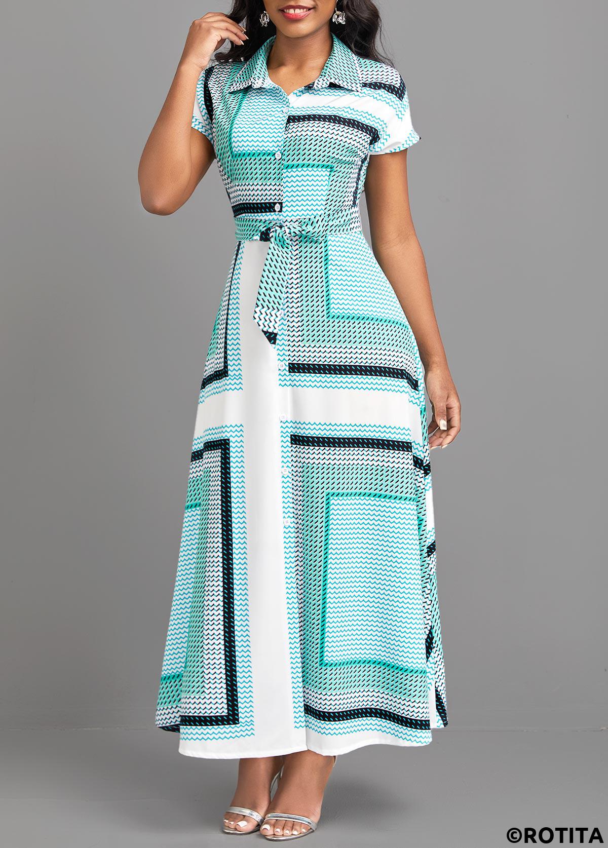 ROTITA Button Geometric Print Cyan Belted Maxi Dress