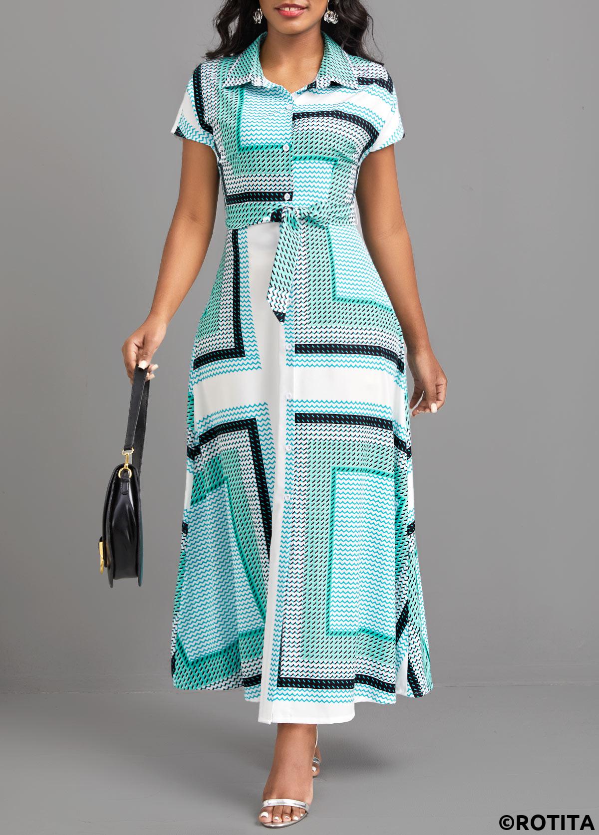 ROTITA Button Geometric Print Cyan Belted Maxi Dress
