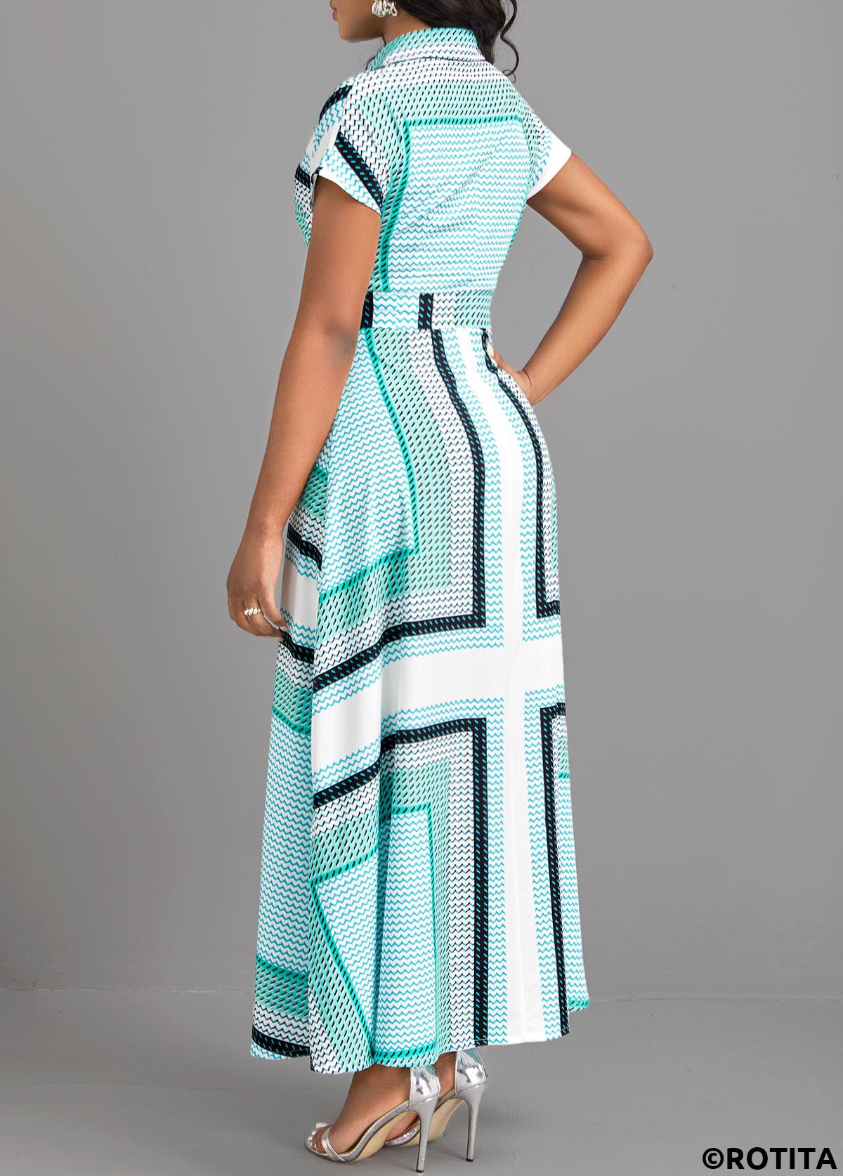 ROTITA Button Geometric Print Cyan Belted Maxi Dress
