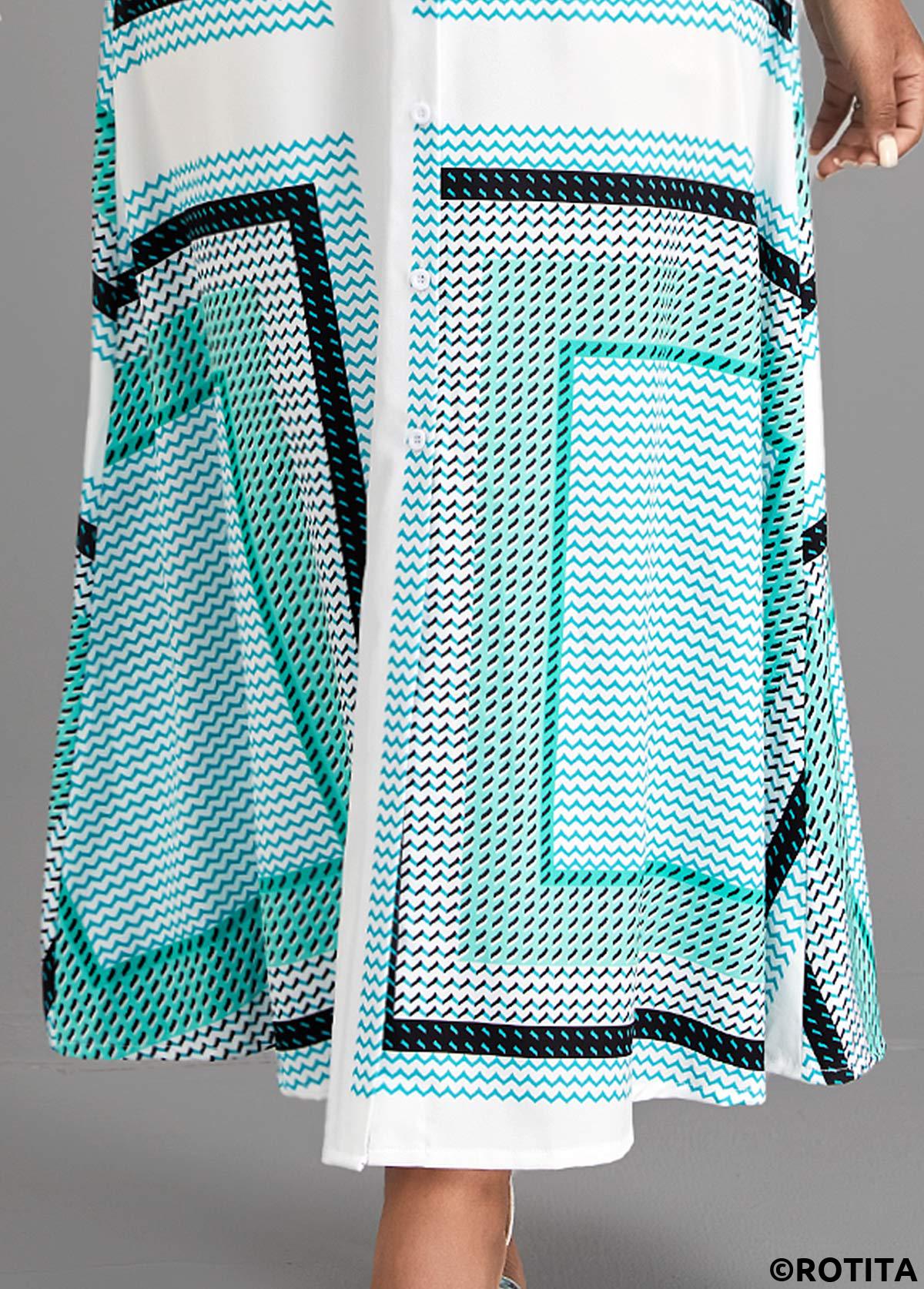 ROTITA Button Geometric Print Cyan Belted Maxi Dress