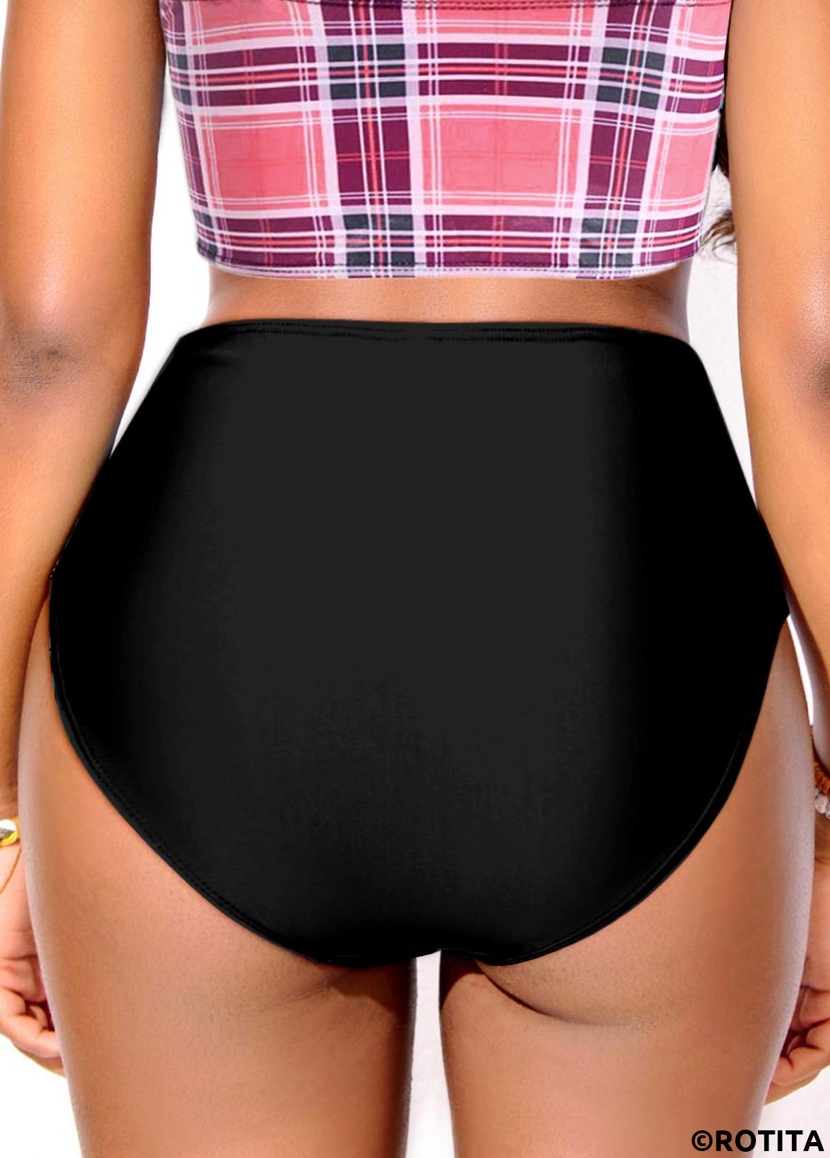 Black swimwear,Plain Color swimwear,ROTITA Button Black High Waisted Bikini Bottom