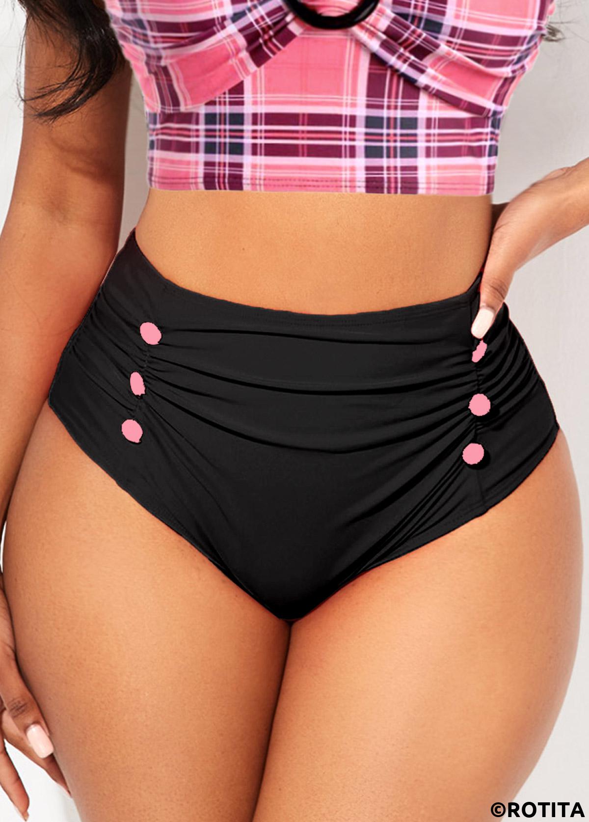 Black swimwear,Plain Color swimwear,ROTITA Button Black High Waisted Bikini Bottom