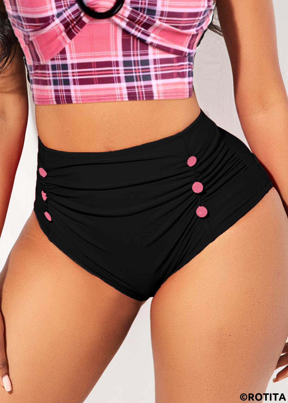 Black swimwear,Plain Color swimwear,ROTITA Button Black High Waisted Bikini Bottom