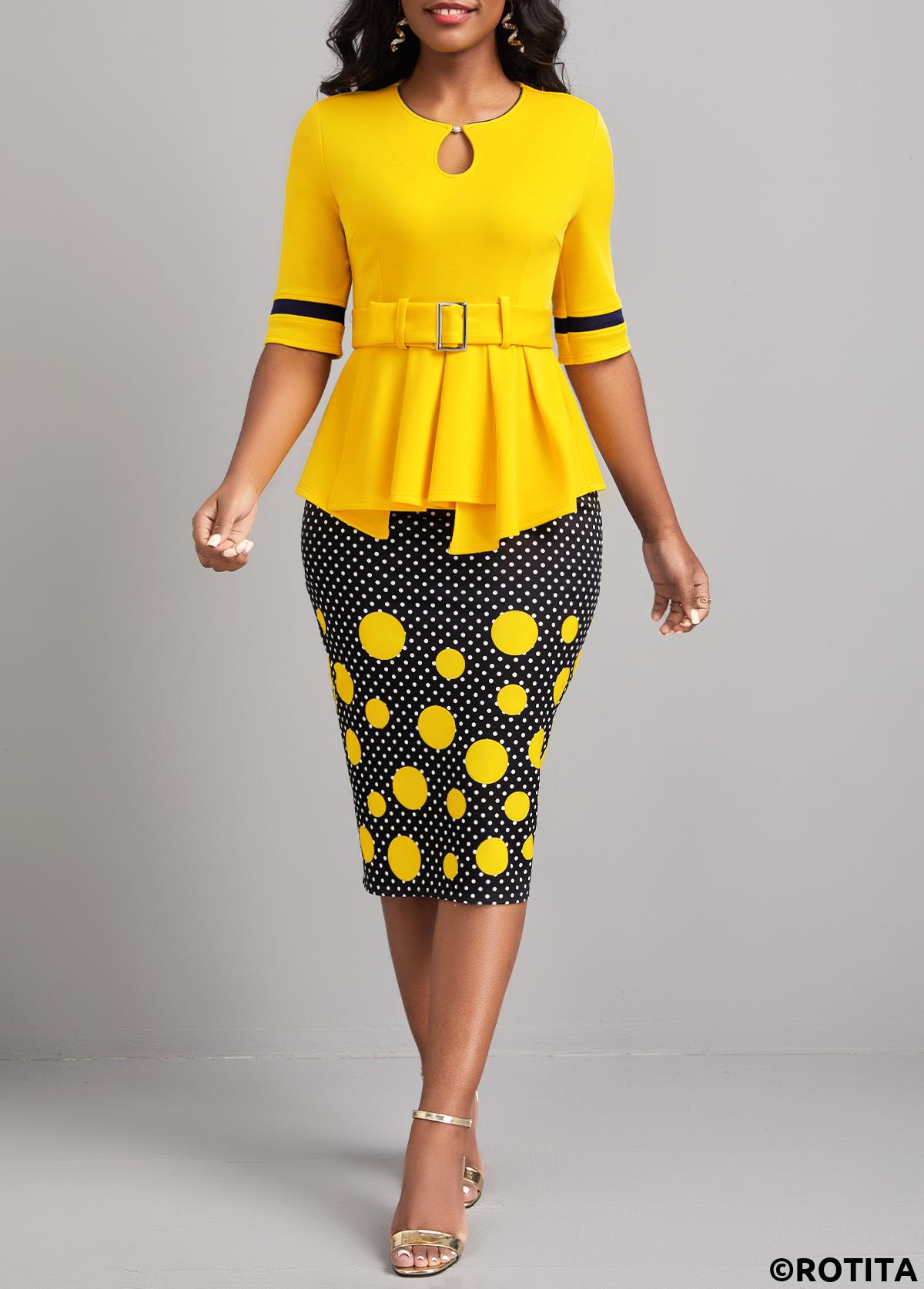 Yellow dresses,Black dresses,Dot dresses,Wear to Work dresses,Work dresses,ROTITA Patchwork Polka Dot Yellow Belted Bodycon Dress