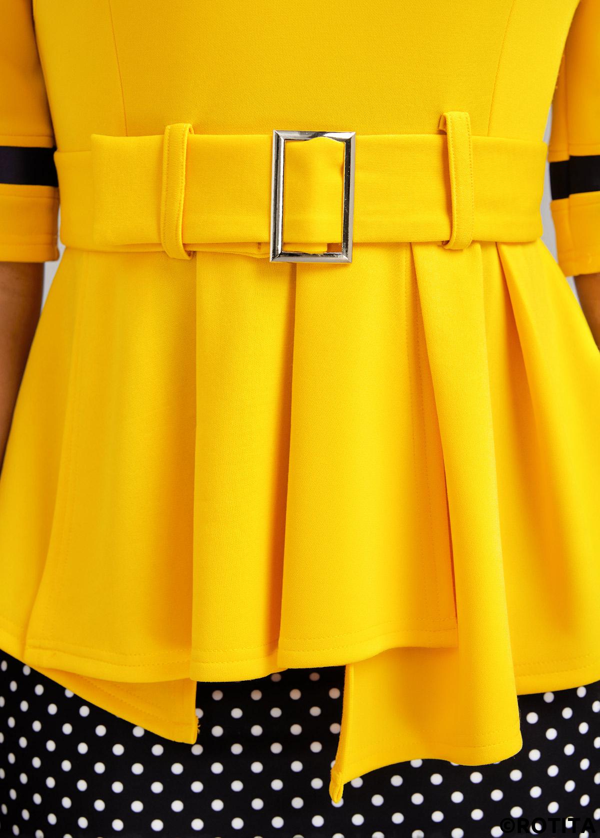 Yellow dresses,Black dresses,Dot dresses,Wear to Work dresses,Work dresses,ROTITA Patchwork Polka Dot Yellow Belted Bodycon Dress