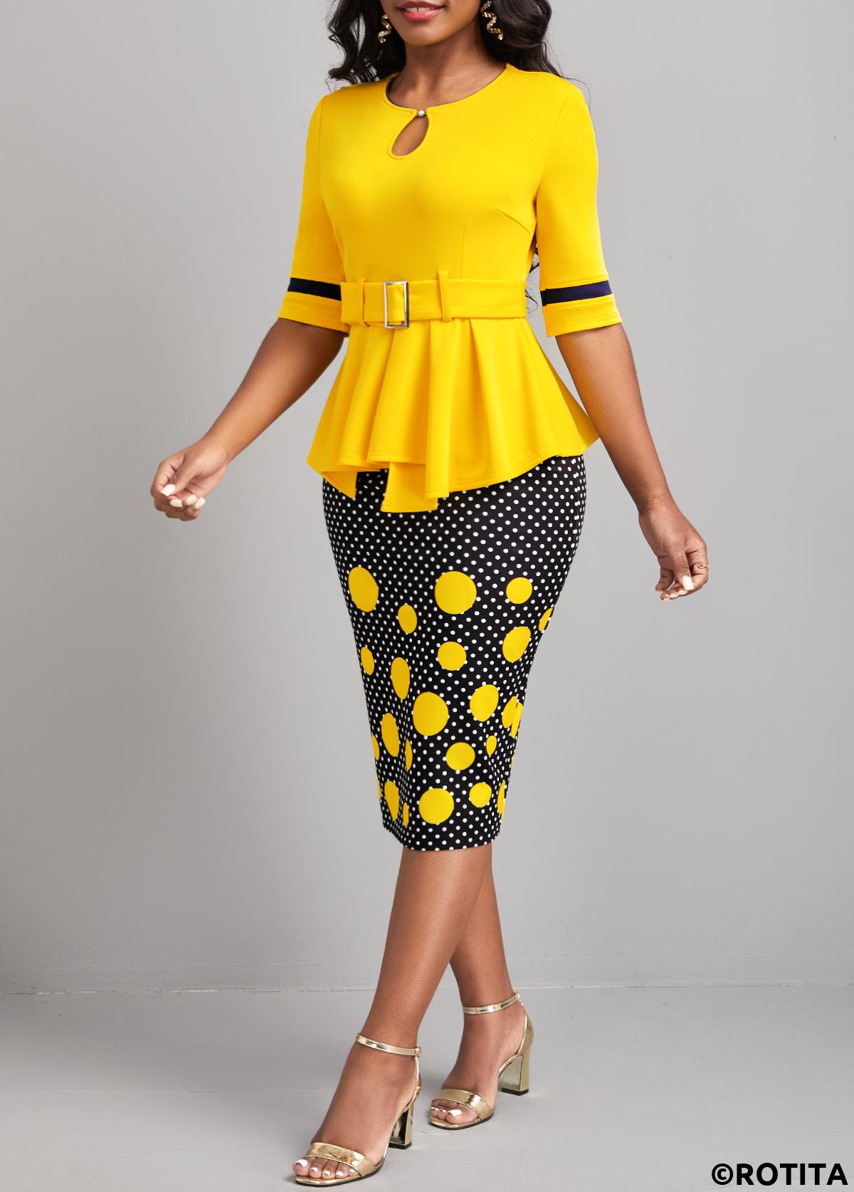 Yellow dresses,Black dresses,Dot dresses,Wear to Work dresses,Work dresses,ROTITA Patchwork Polka Dot Yellow Belted Bodycon Dress