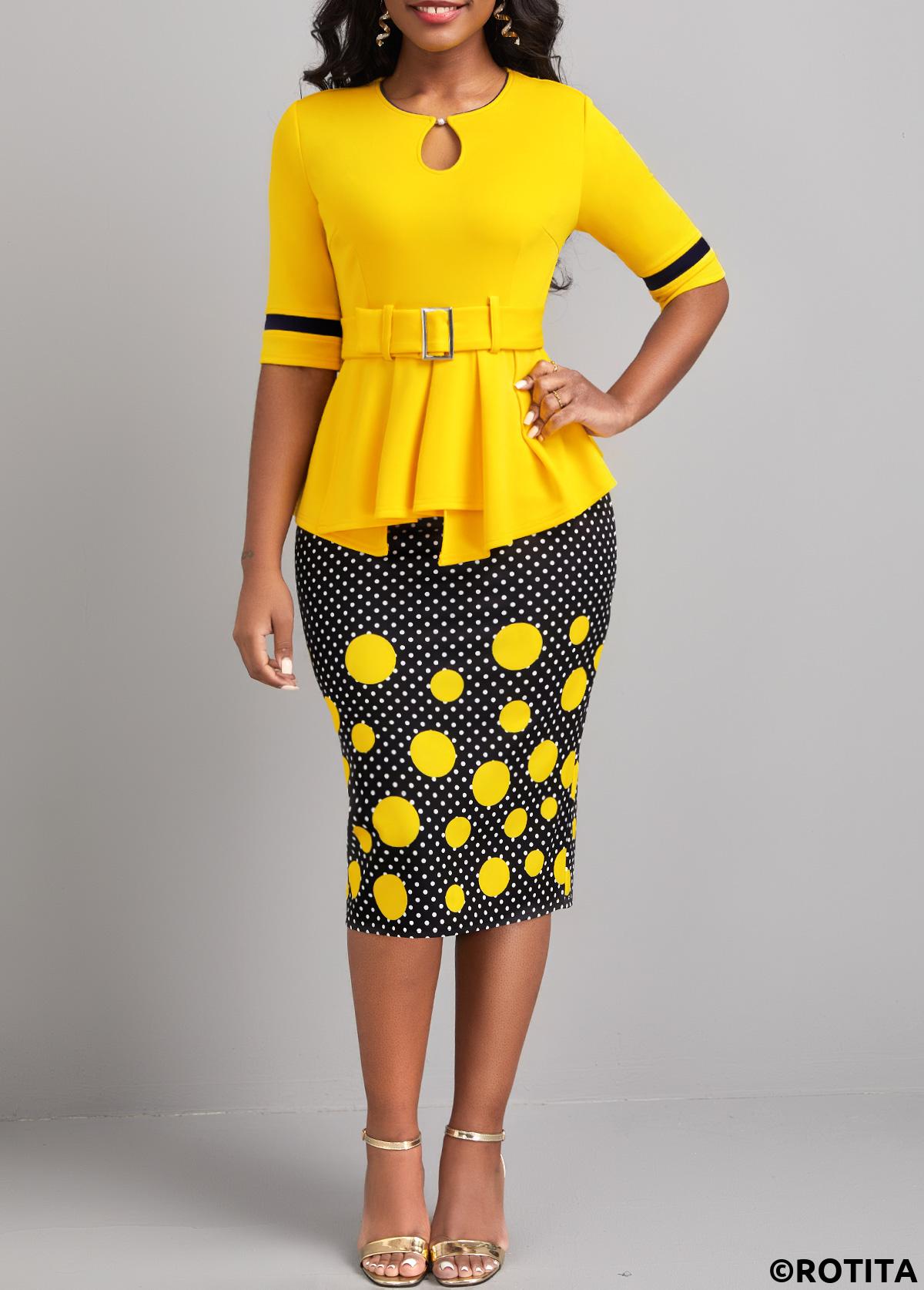 Yellow dresses,Black dresses,Dot dresses,Wear to Work dresses,Work dresses,ROTITA Patchwork Polka Dot Yellow Belted Bodycon Dress