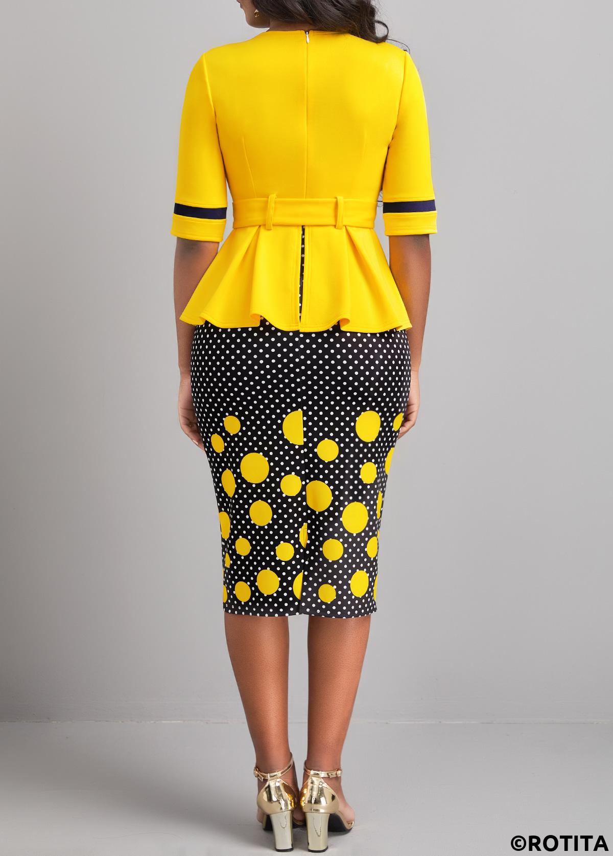Yellow dresses,Black dresses,Dot dresses,Wear to Work dresses,Work dresses,ROTITA Patchwork Polka Dot Yellow Belted Bodycon Dress