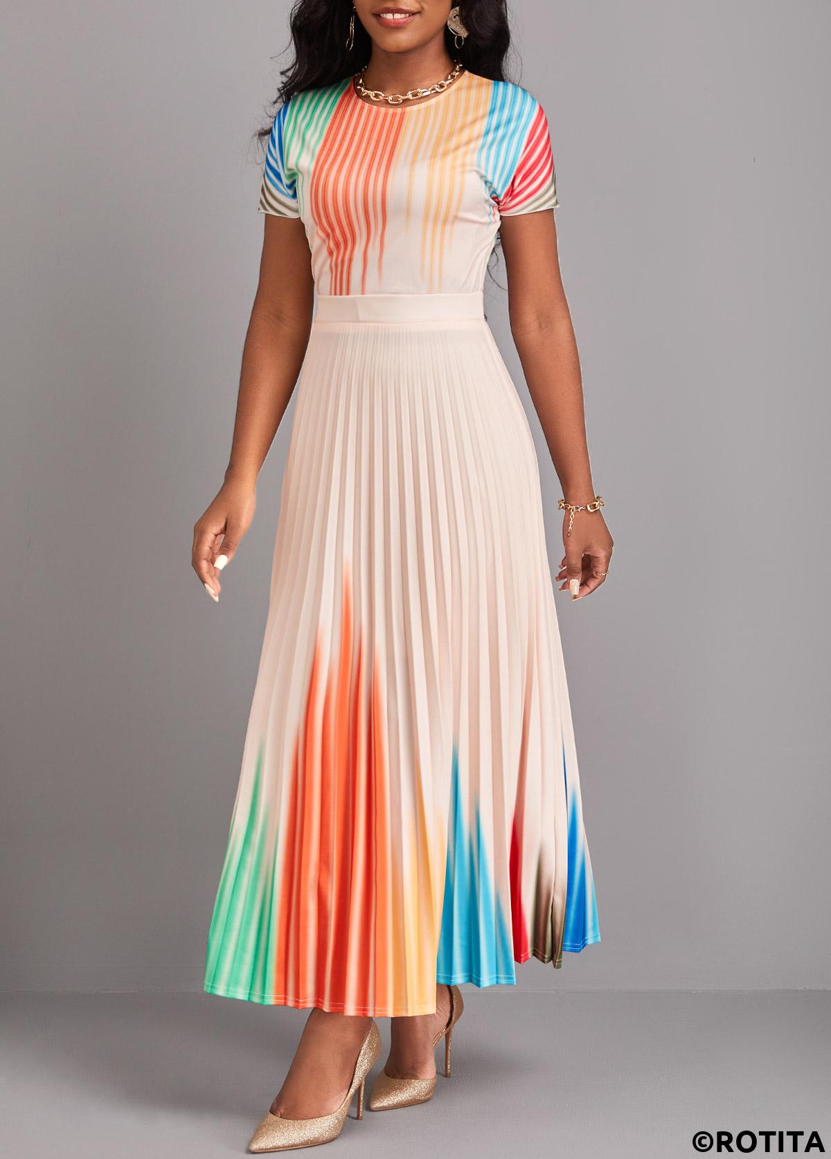 Beige dresses,Ombre dresses,Party dresses,Elegant dresses,ROTITA Pleated Ombre Beige Round Neck Maxi Dress