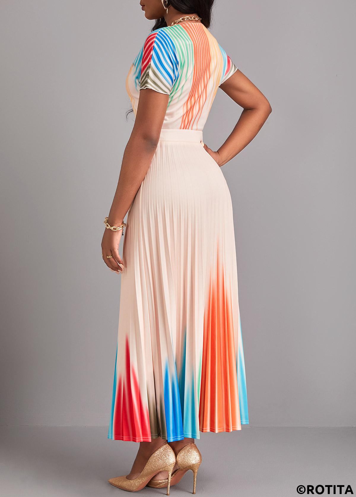 Beige dresses,Ombre dresses,Party dresses,Elegant dresses,ROTITA Pleated Ombre Beige Round Neck Maxi Dress