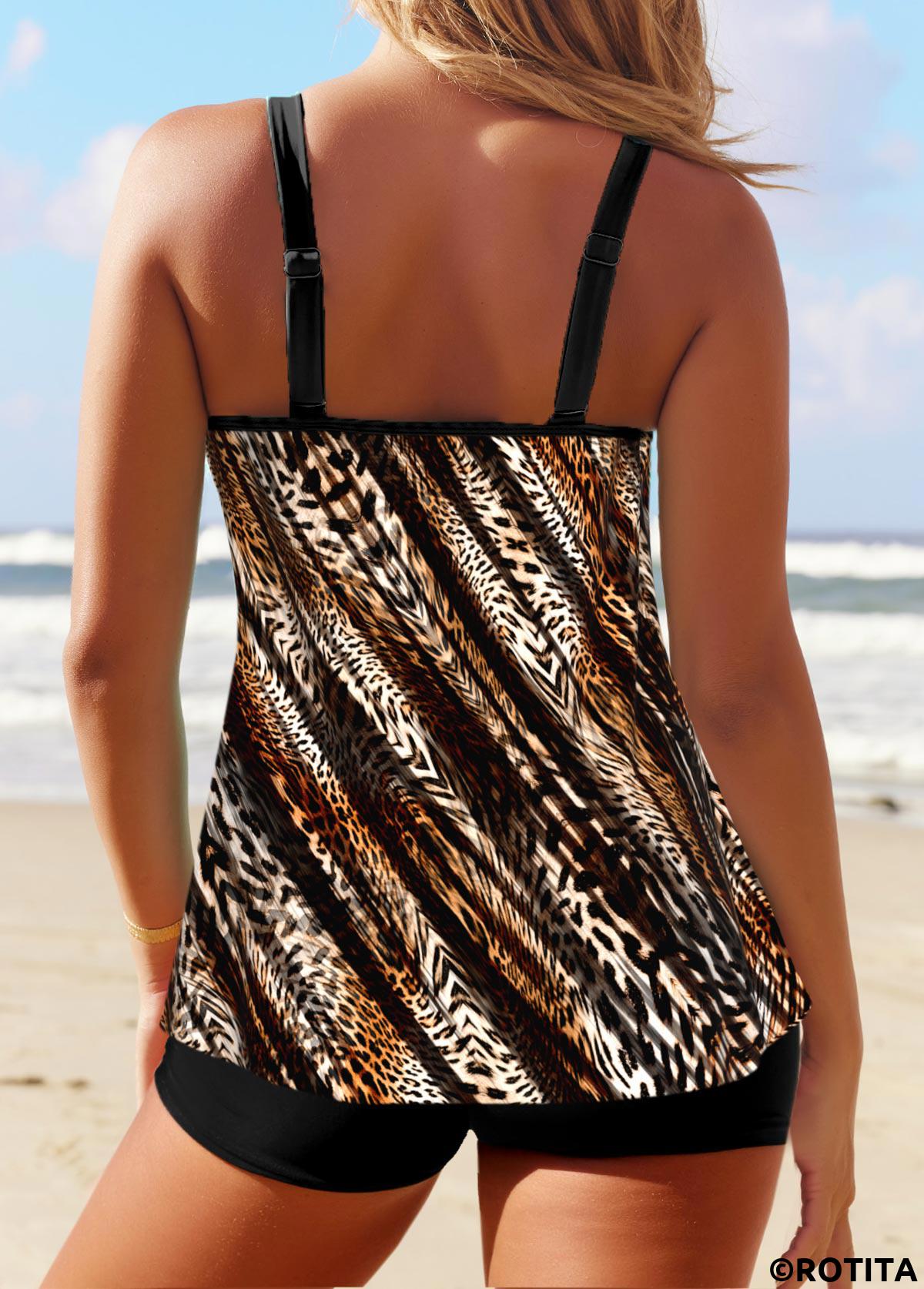 Dark Coffee swimwear,Leopard swimwear,ROTITA Dark Coffee Double Straps Leopard Tankini Top