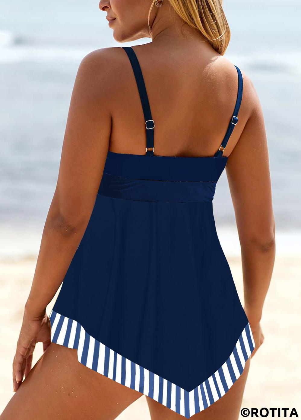 Navy swimwear,Striped swimwear,ROTITA Lace Up Navy Striped Tankini Top