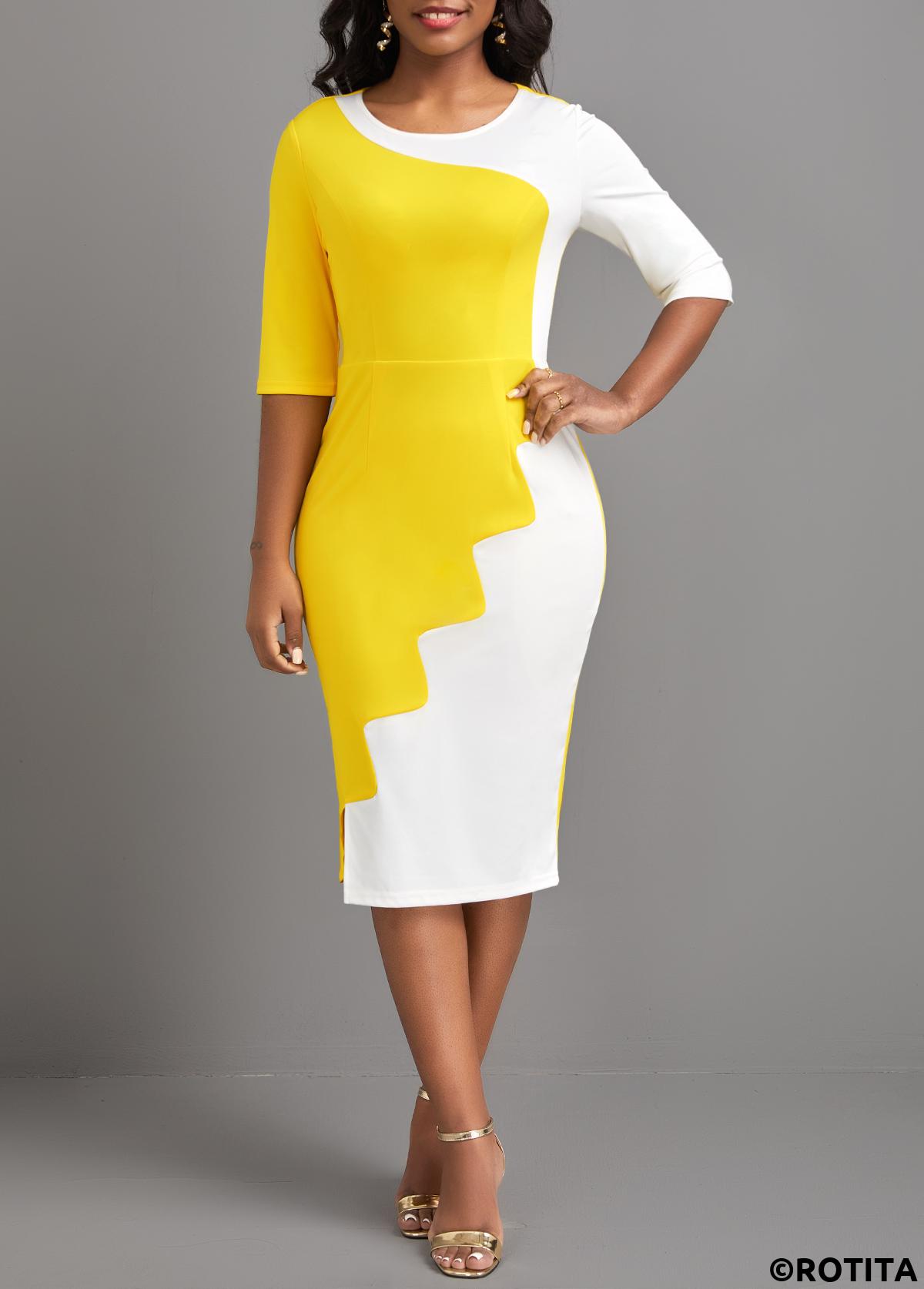 Yellow dresses,White dresses,Contrast Color dresses,Party dresses,Elegant dresses,ROTITA Patchwork Yellow Round Neck Half Sleeve Bodycon Dress