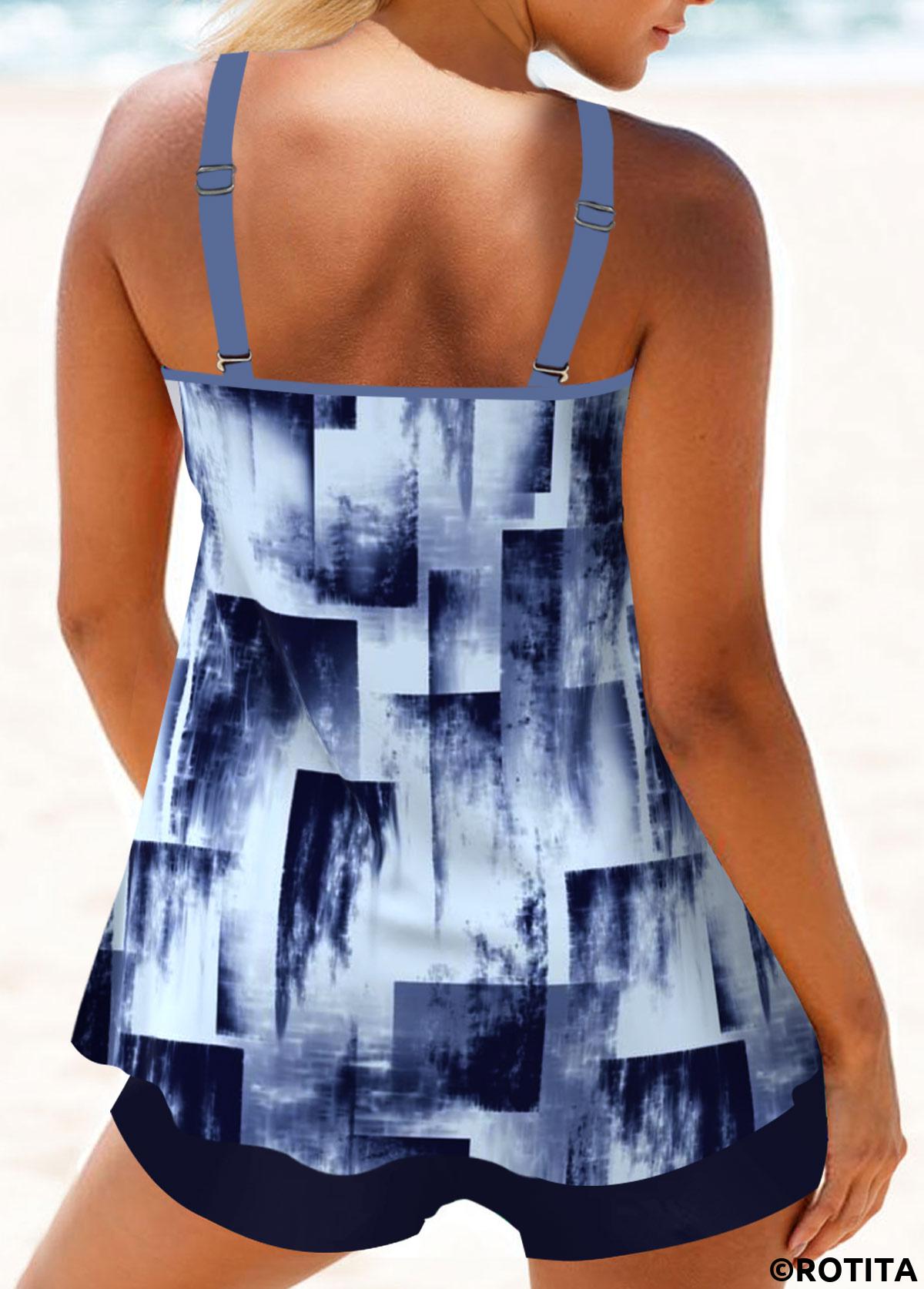 Navy swimwear,Geometric swimwear,ROTITA Metal Ring Navy Geometric Print Tankini Top