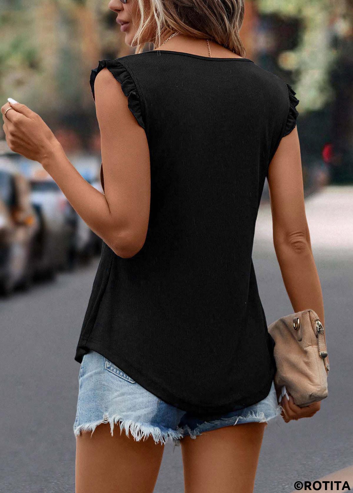 Black tops,Plain Color tops,Frill Black Split Neck Tank Top