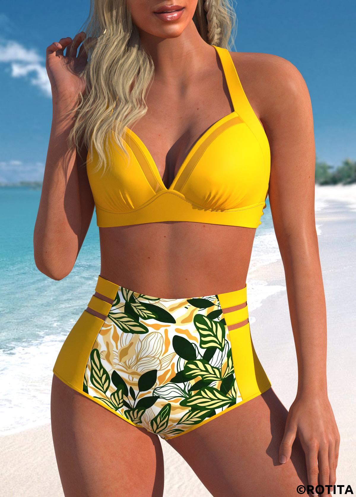 Bikini-Set mit gelbem Mesh-Blattmuster
