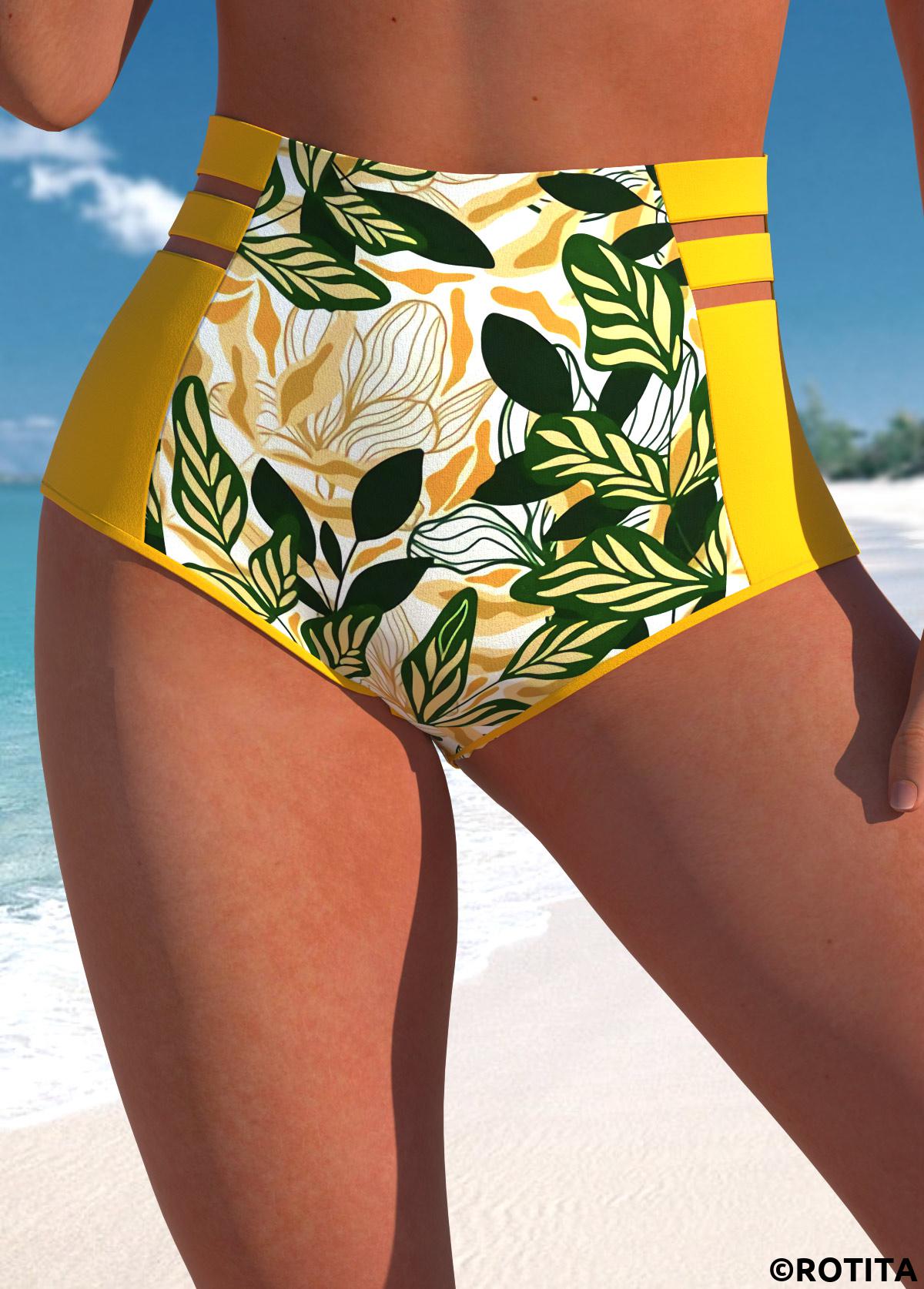 Yellow swimwear,Plants swimwear,ROTITA Yellow Leaf Print High Waisted Bikini Bottom