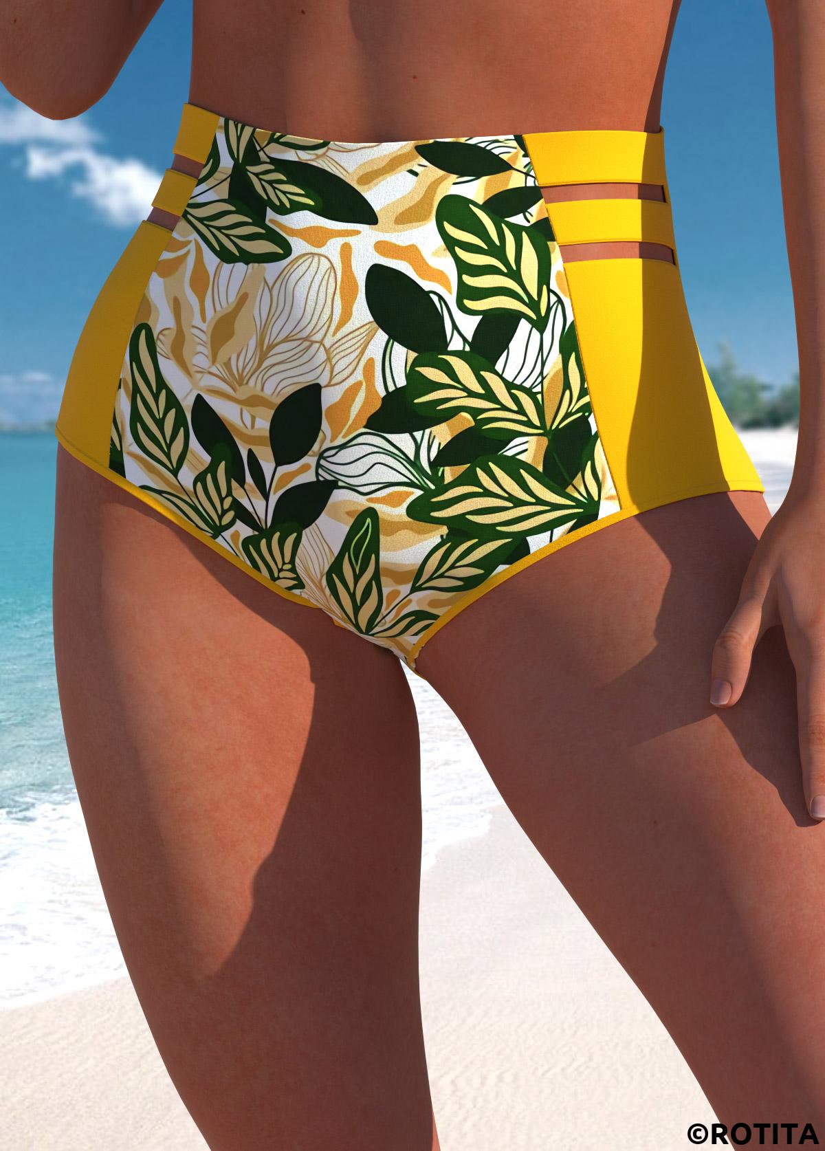 Yellow swimwear,Plants swimwear,ROTITA Yellow Leaf Print High Waisted Bikini Bottom