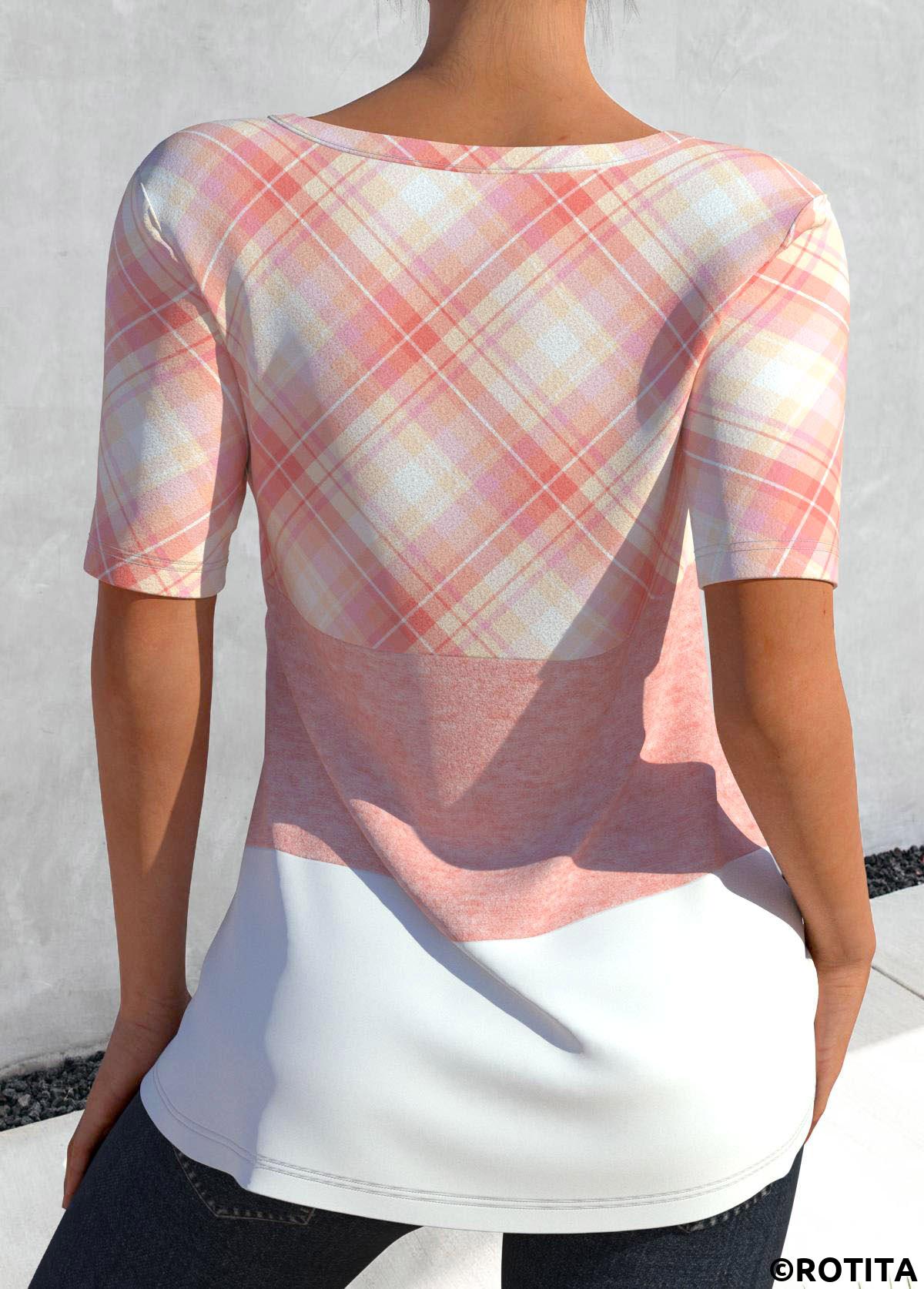 Light Pink plus size,Plaid plus size,Striped plus size,ROTITA Plus Size Plaid V Neck T Shirt