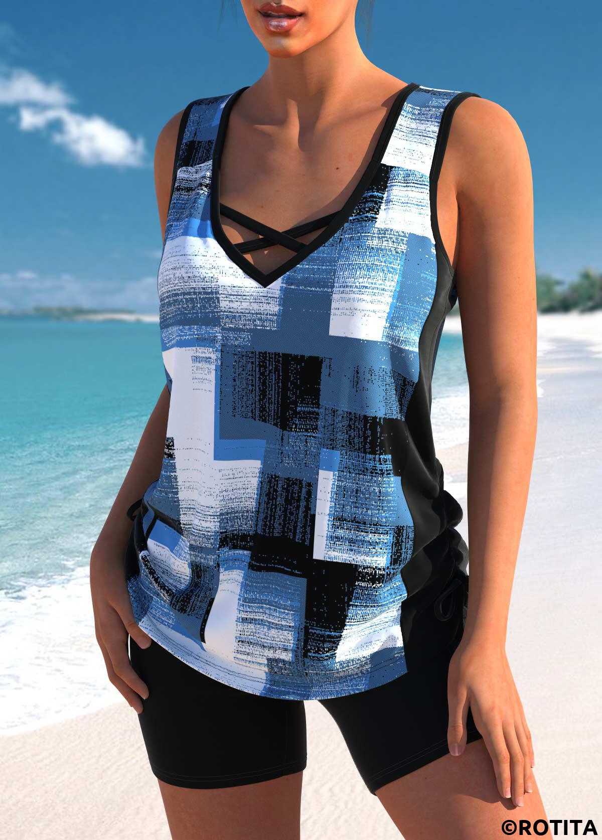 Denim Blue swimwear,Geometric swimwear,ROTITA Criss Cross Denim Blue Geometric Print Tankini Top