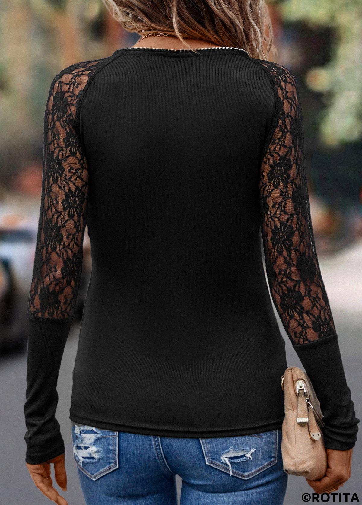 Black tops,Plain Color tops,Black V Neck Long Sleeve Patchwork T Shirt