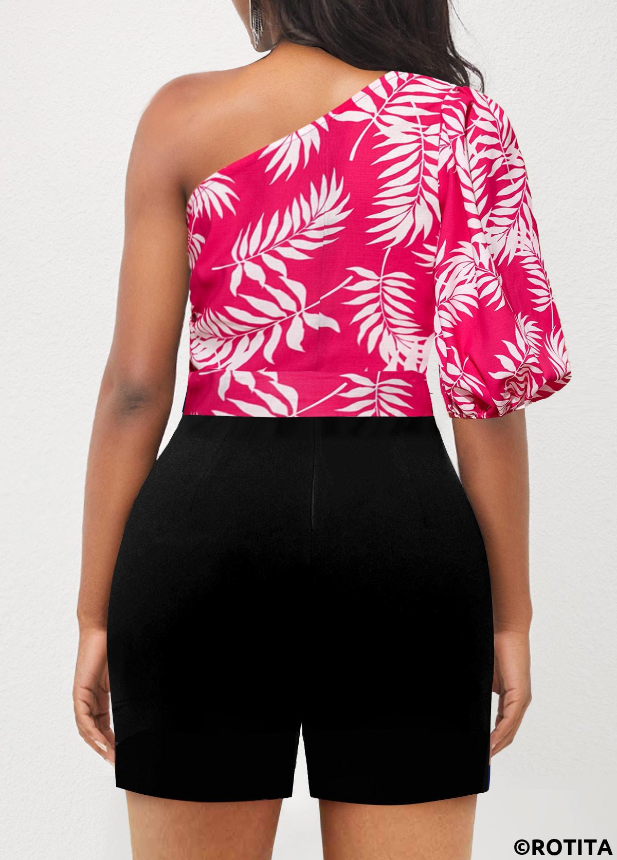 Hot Pink jumpsuits&rompers,Black jumpsuits&rompers,Plants jumpsuits&rompers,ROTITA Bowknot Plants Print Hot Pink Belted Romper