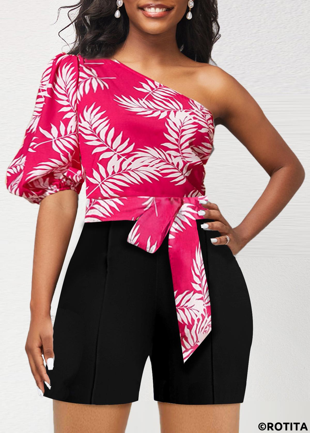 Hot Pink jumpsuits&rompers,Black jumpsuits&rompers,Plants jumpsuits&rompers,ROTITA Bowknot Plants Print Hot Pink Belted Romper
