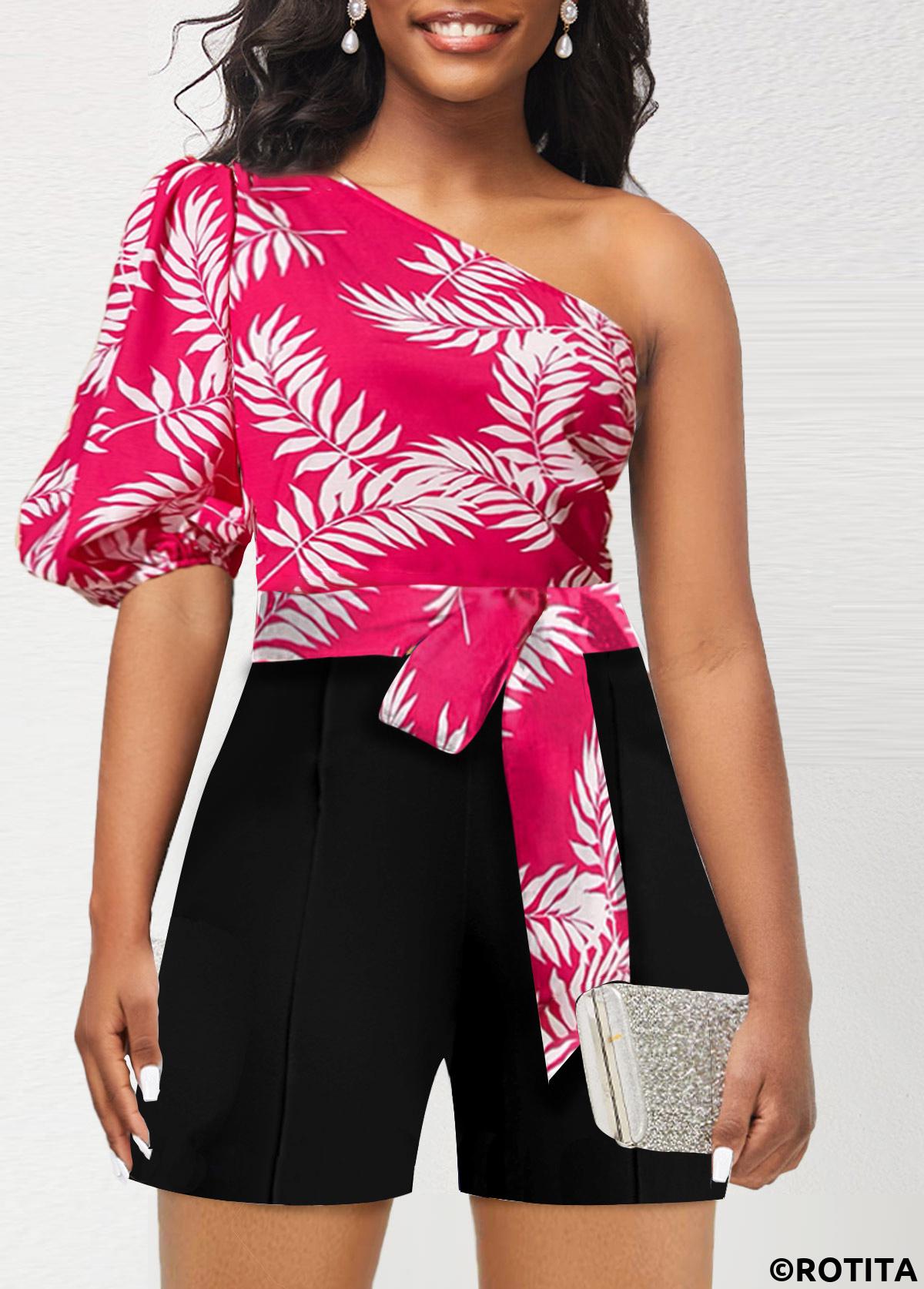 Hot Pink jumpsuits&rompers,Black jumpsuits&rompers,Plants jumpsuits&rompers,ROTITA Bowknot Plants Print Hot Pink Belted Romper
