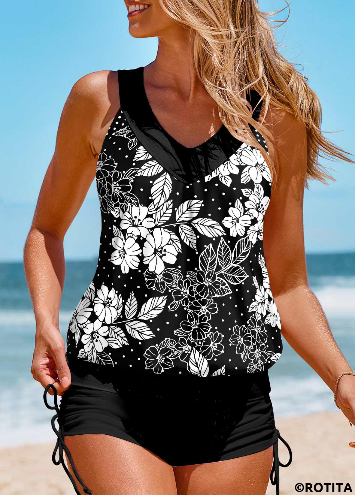 Black swimwear,Floral swimwear,Dot swimwear,Geometric swimwear,Plants swimwear,ROTITA Patchwork Black Floral Print Tankini Top