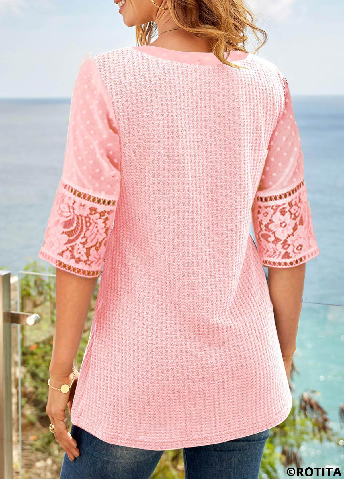 Pink tops,Plain Color tops,ROTITA Lace Pink V Neck Half Sleeve Blouse