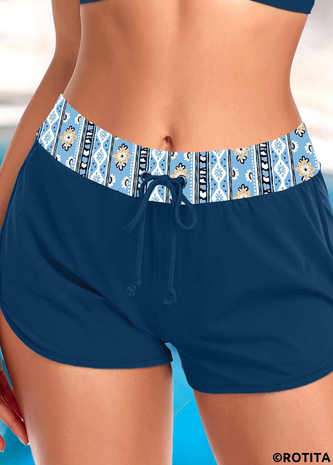 Peacock Blue swimwear,Geometric swimwear,Floral swimwear,ROTITA Peacock Blue Geometric Print Mid Waisted Swim Shorts