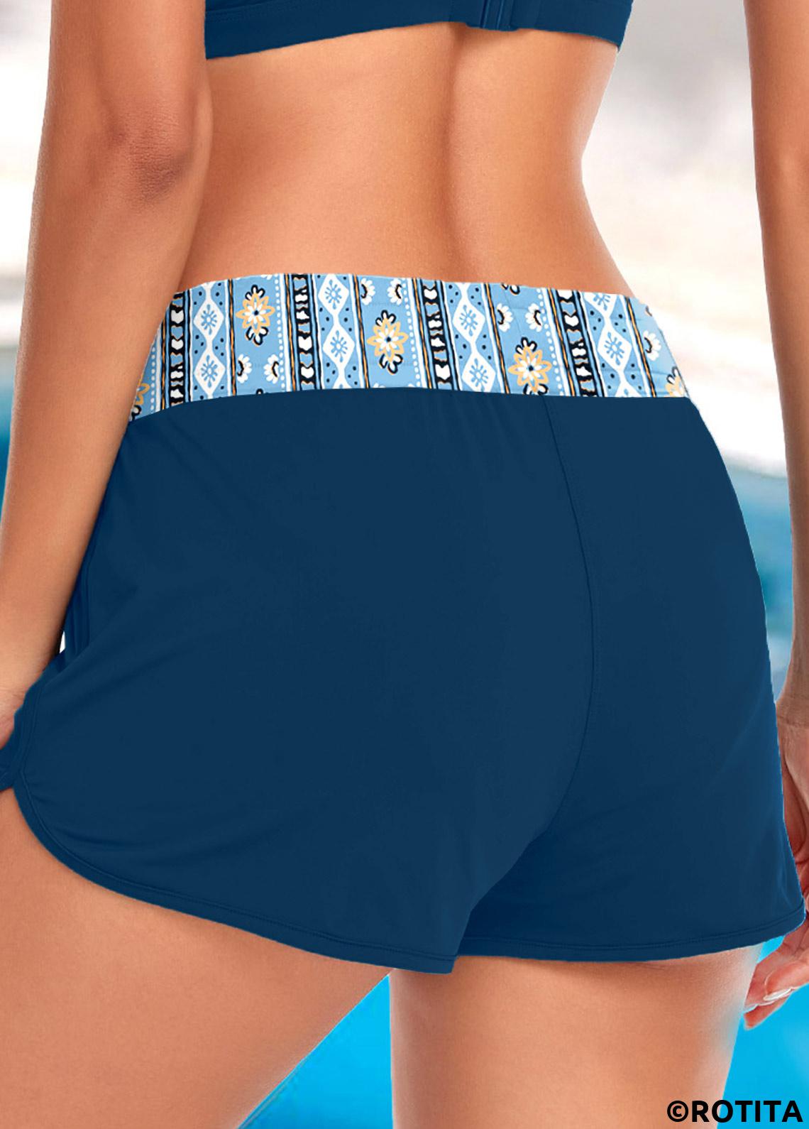 Peacock Blue swimwear,Geometric swimwear,Floral swimwear,ROTITA Peacock Blue Geometric Print Mid Waisted Swim Shorts