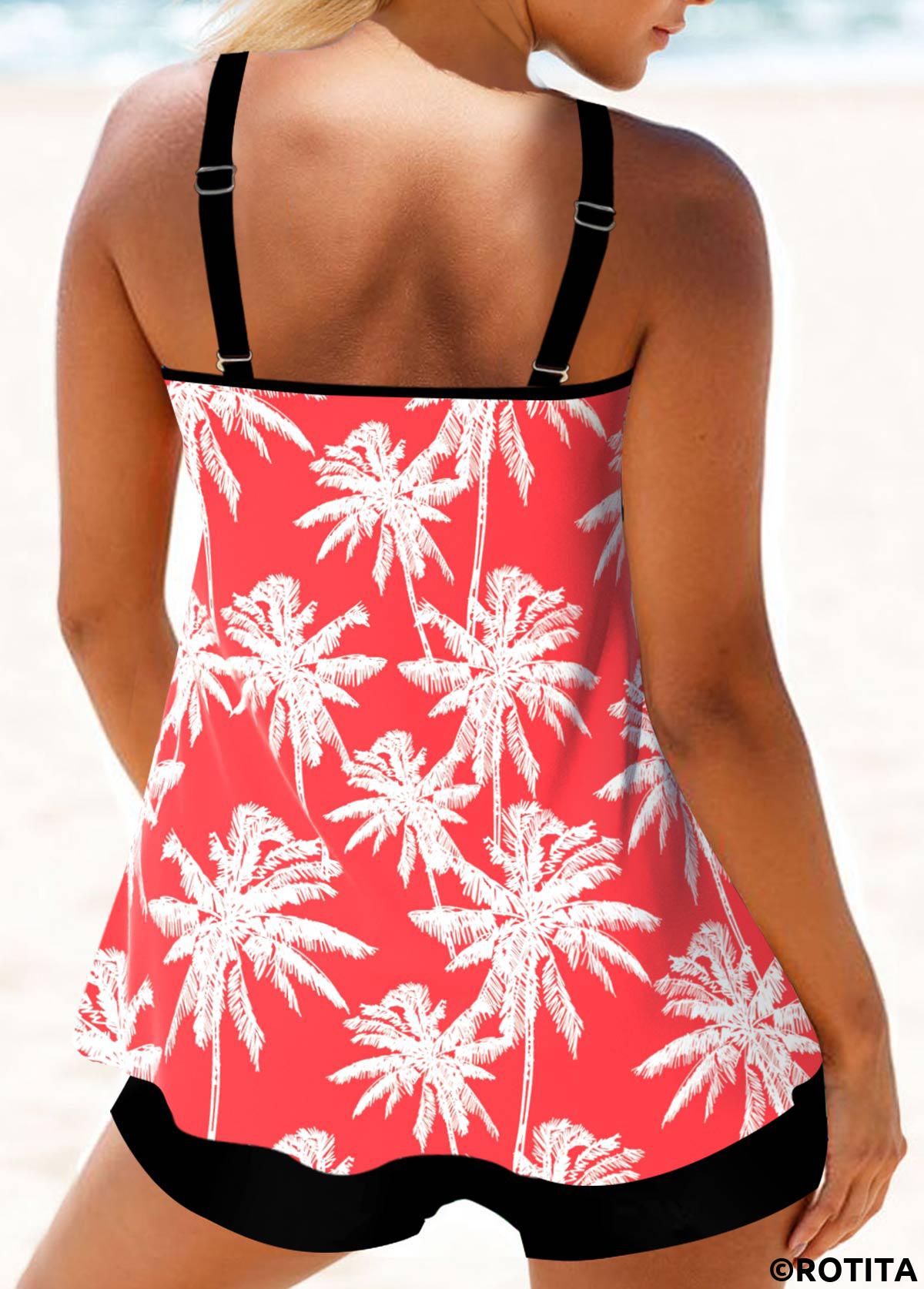Coral swimwear,Plants swimwear,ROTITA Metal Ring Coral Red Leaf Print Tankini Top