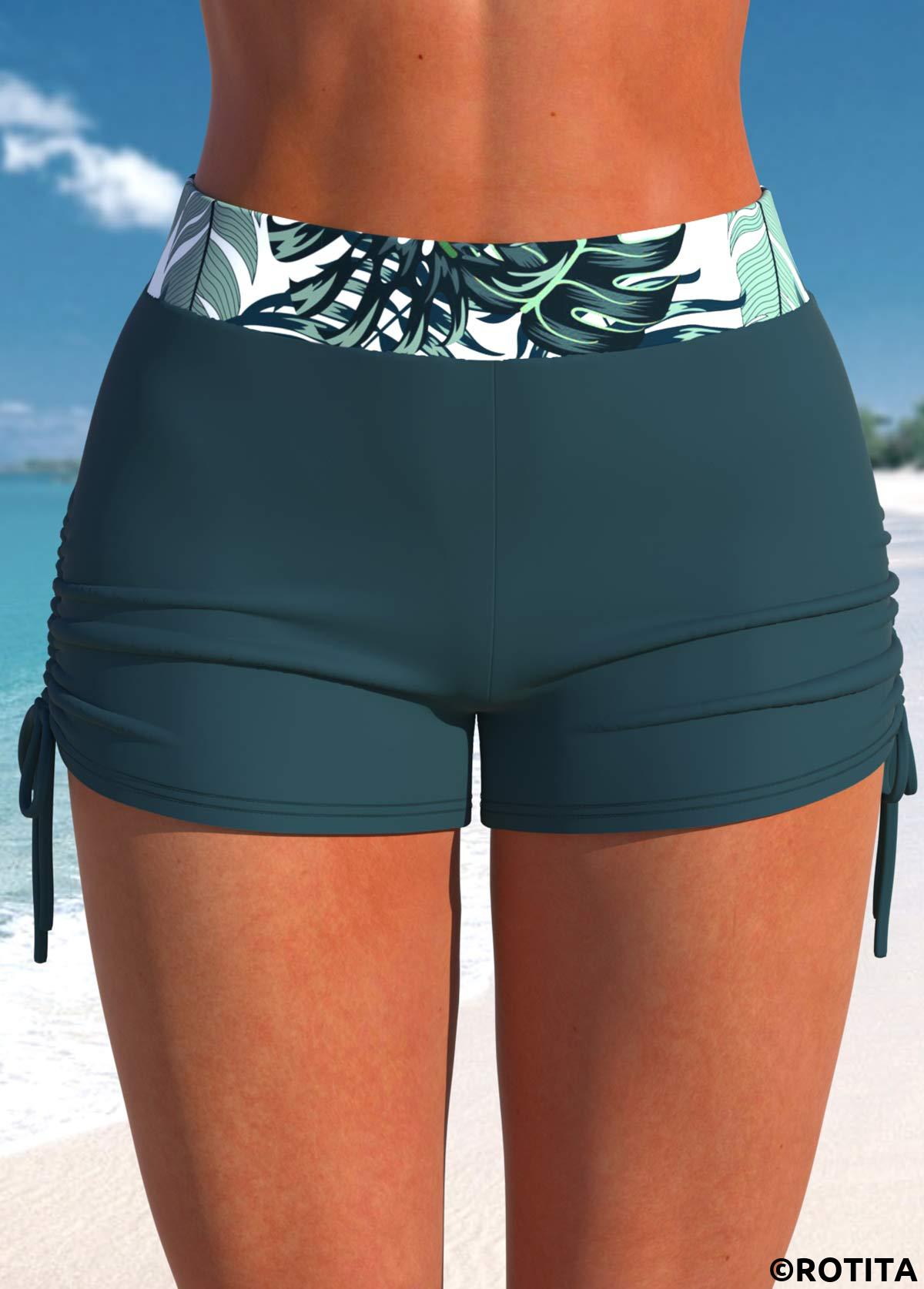 ROTITA Peacock Blue Tropical Plants Print Swim Shorts